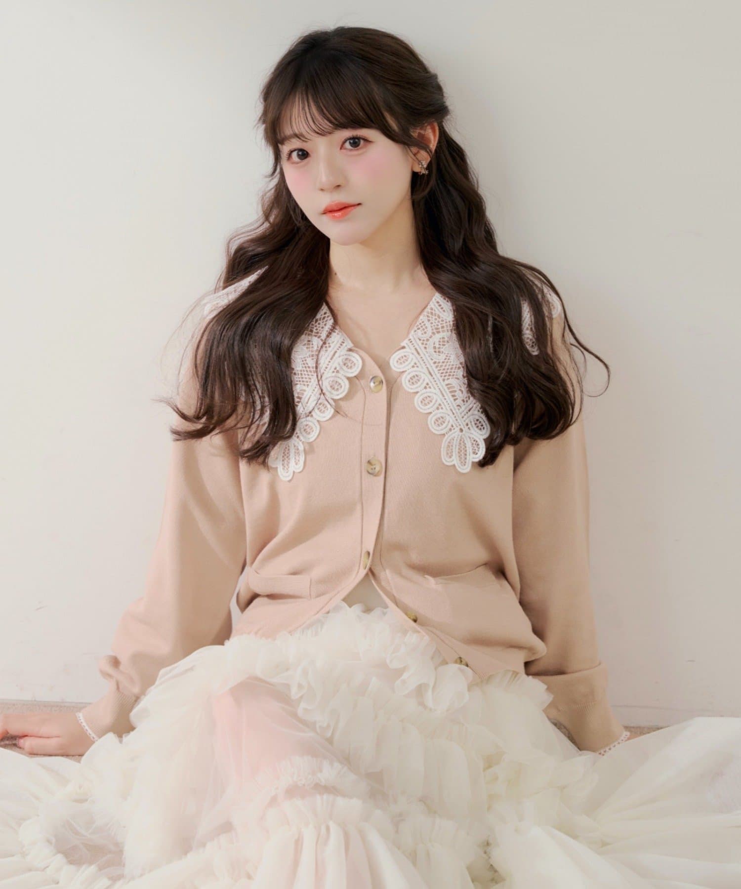 Chico(チコ) 【くるみコラボ】襟レースルーズカーディガン