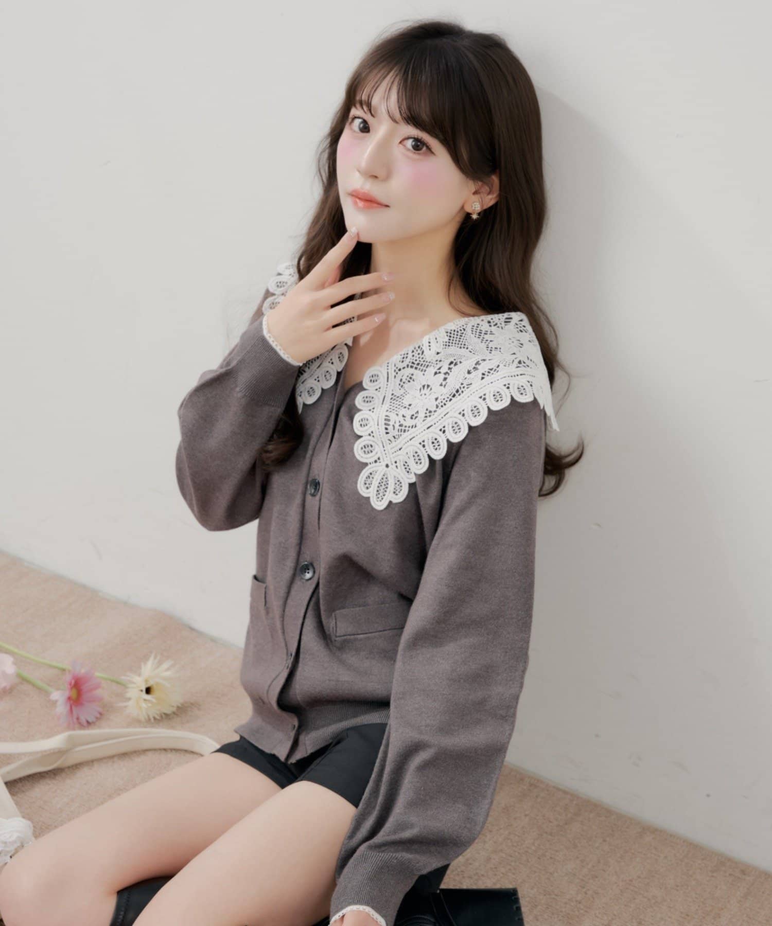 Chico(チコ) 【くるみコラボ】襟レースルーズカーディガン