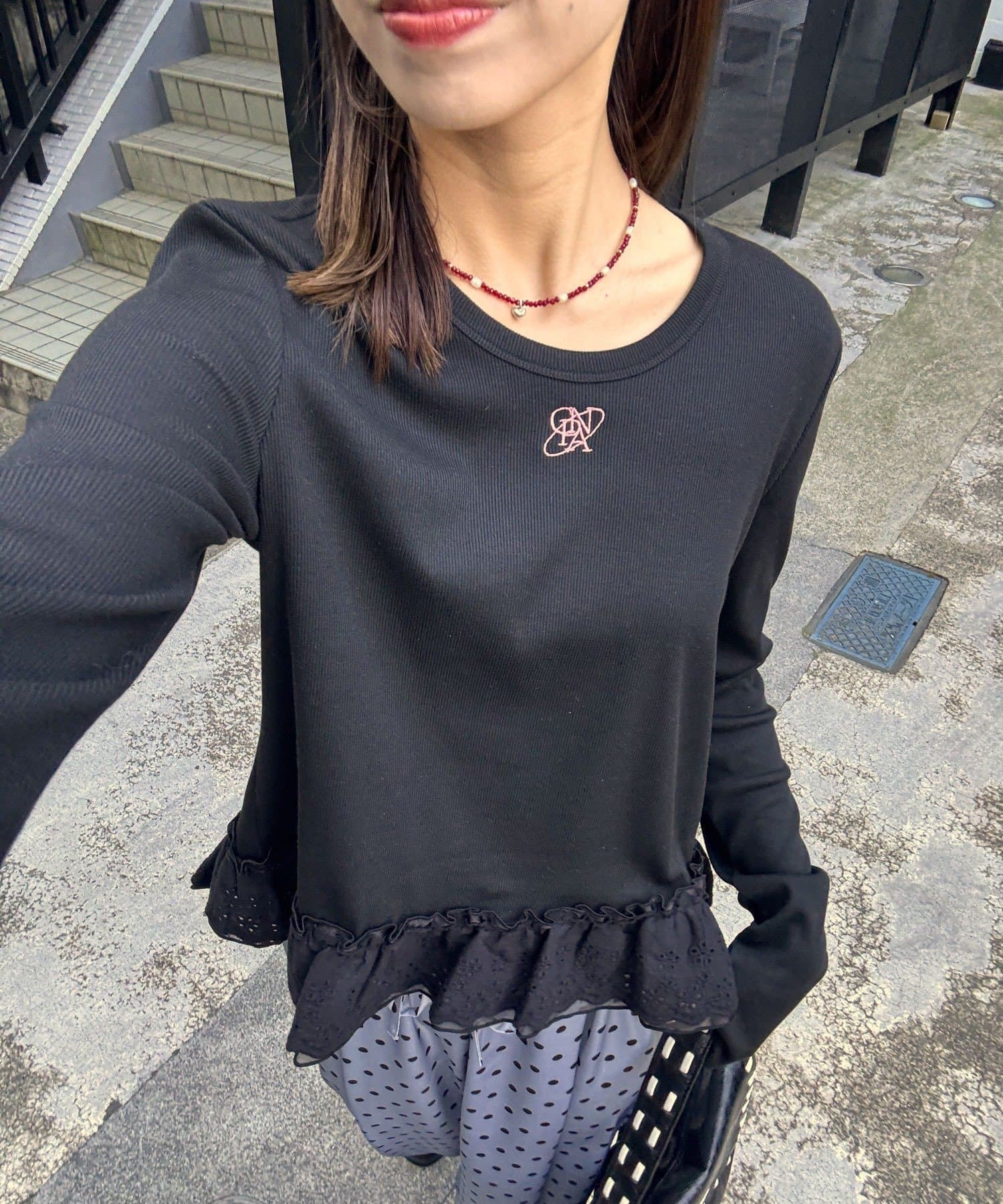 CIAOPANIC(チャオパニック) 裾レースストレッチリブトップス