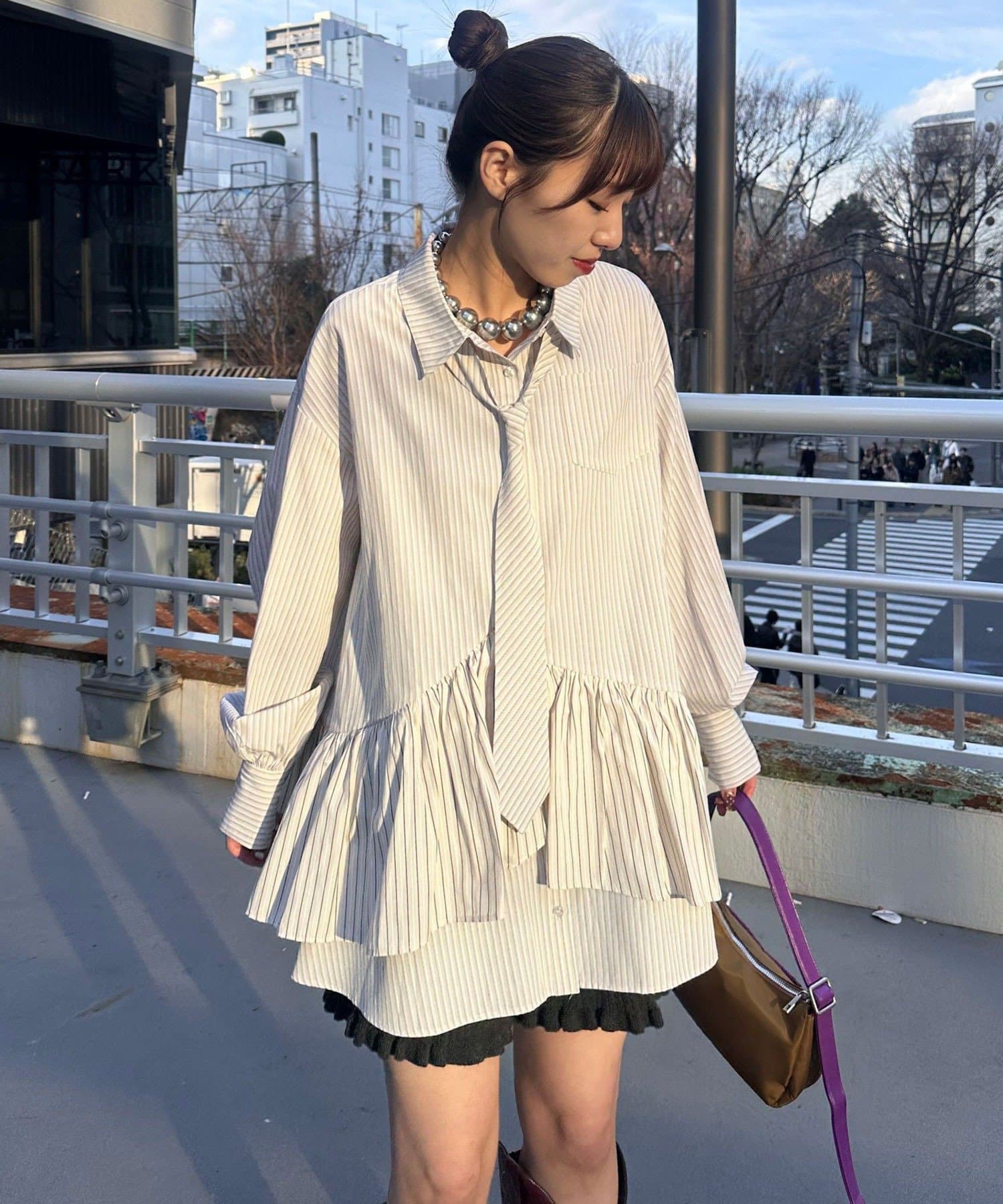 CIAOPANIC(チャオパニック) ネクタイ付きティアードチュニックシャツワンピース