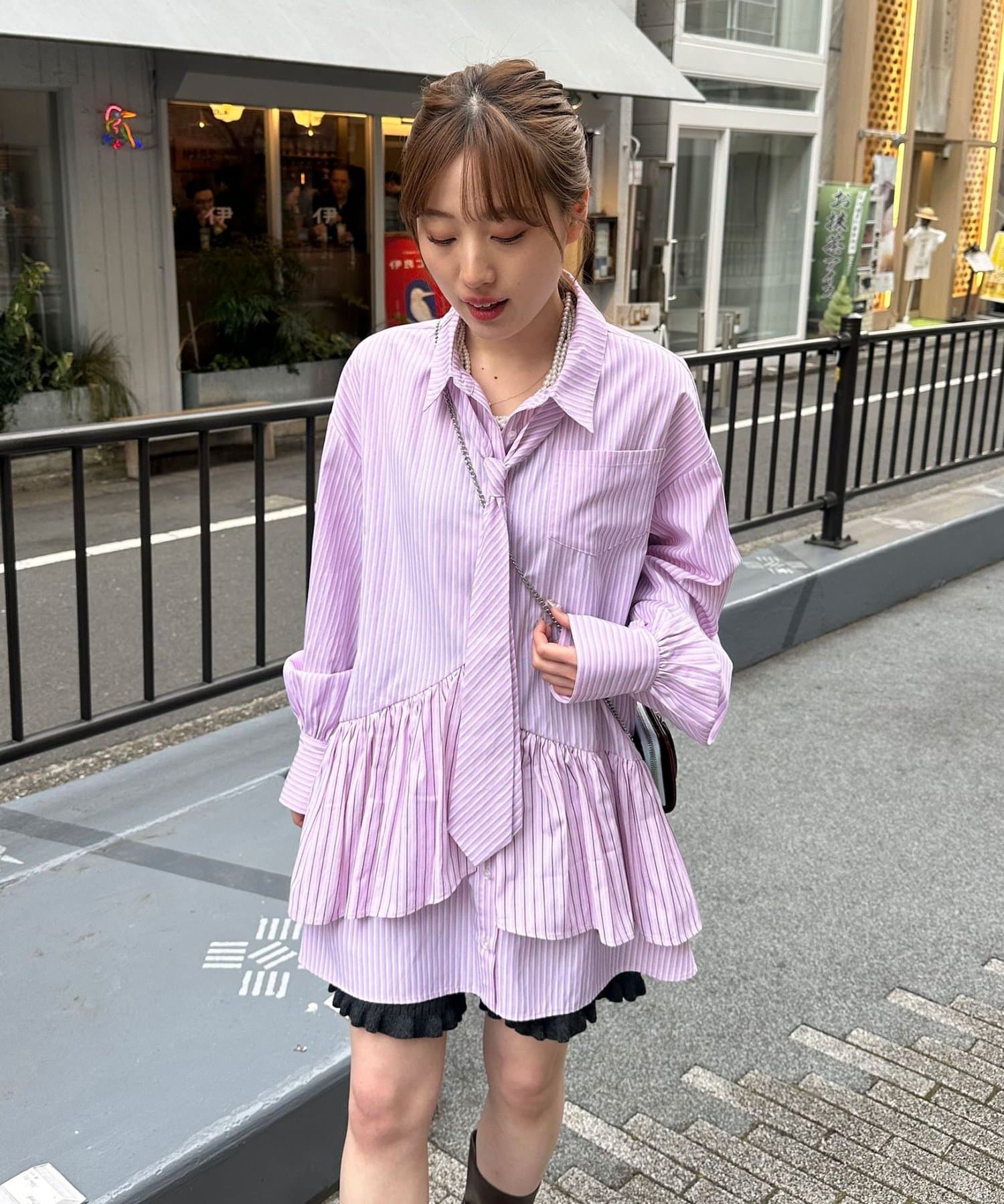 CIAOPANIC(チャオパニック) ネクタイ付きティアードチュニックシャツワンピース