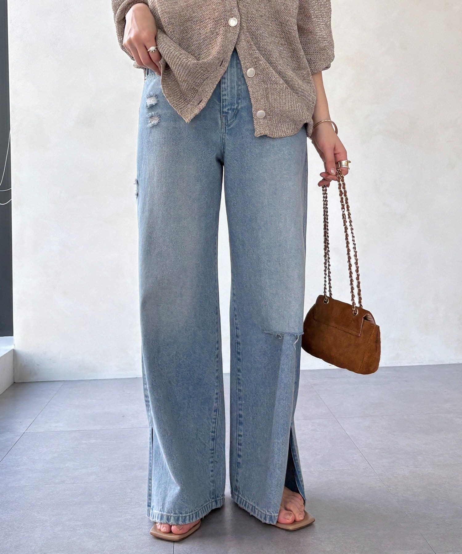 DOUDOU(ドゥドゥ) ミドルオンスダメージスリットデニム