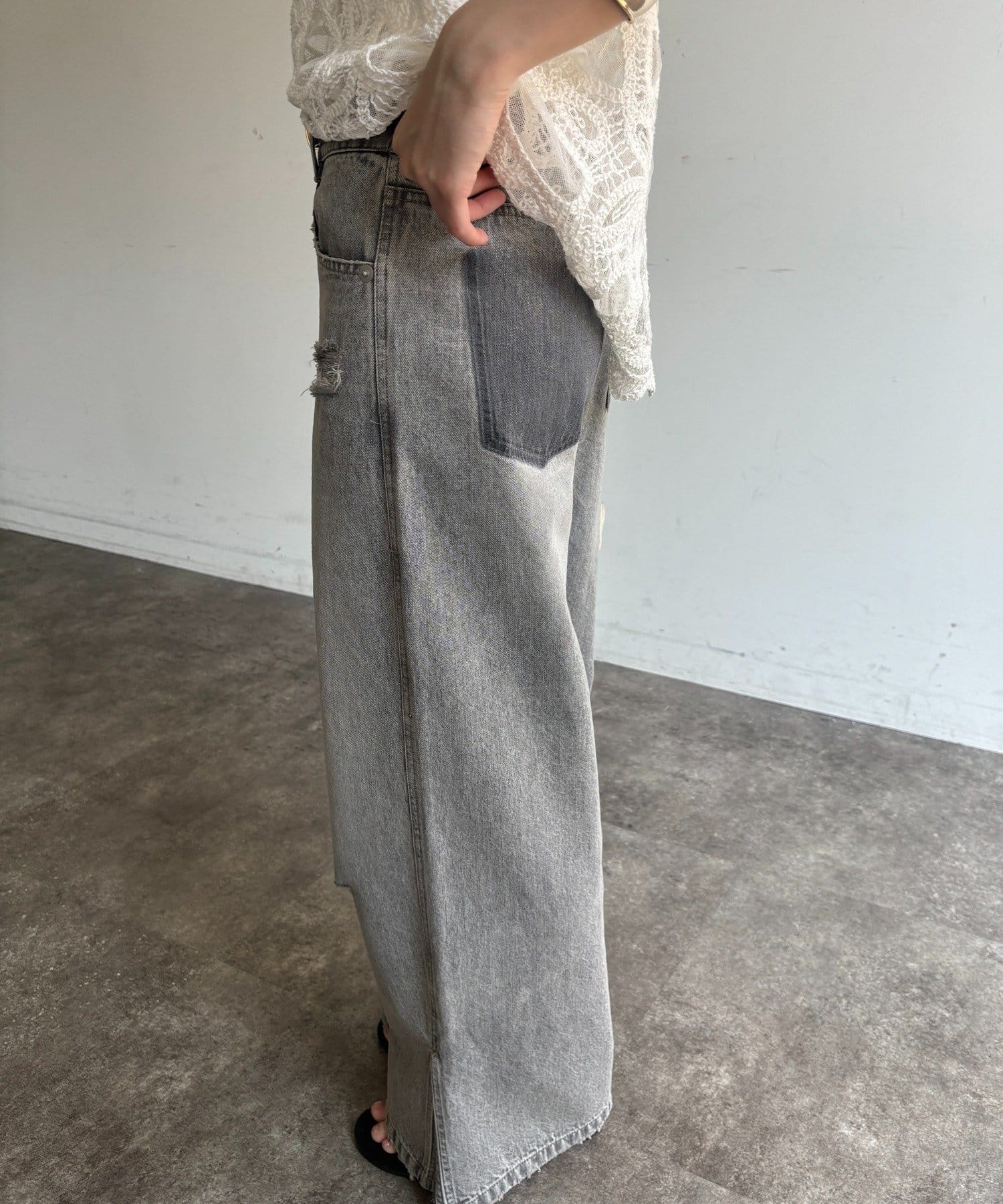 DOUDOU(ドゥドゥ) ミドルオンスダメージスリットデニム