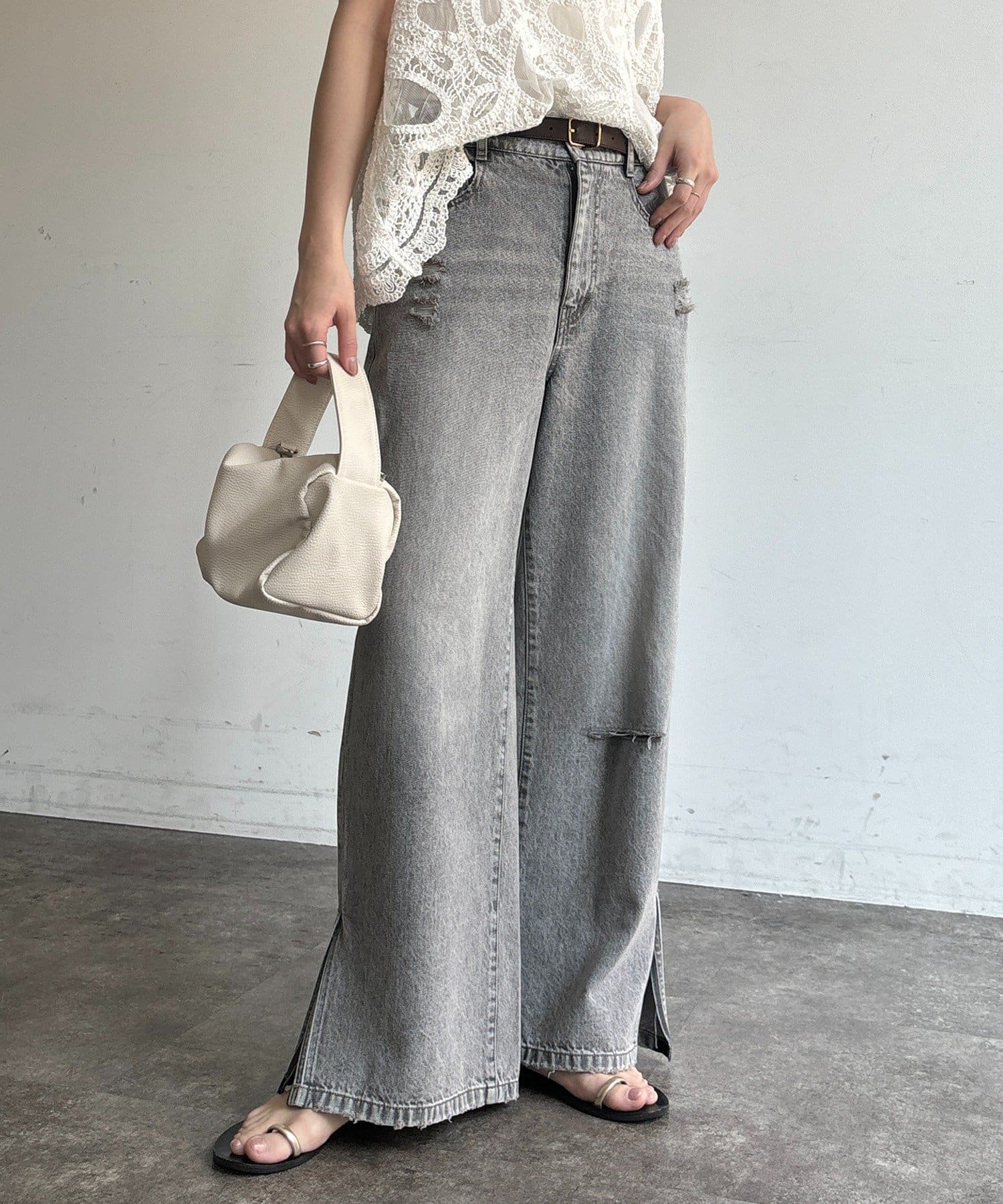 DOUDOU(ドゥドゥ) ミドルオンスダメージスリットデニム