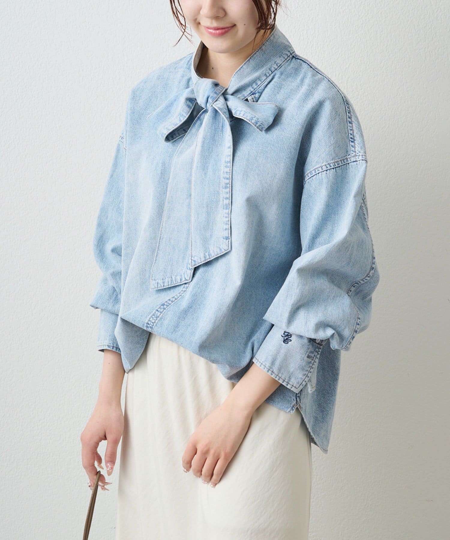 PUAL CE CIN(ピュアルセシン) デニムリボンタイブラウス