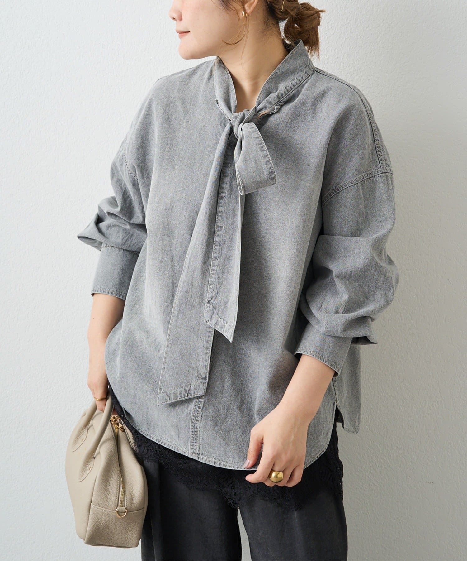 PUAL CE CIN(ピュアルセシン) デニムリボンタイブラウス