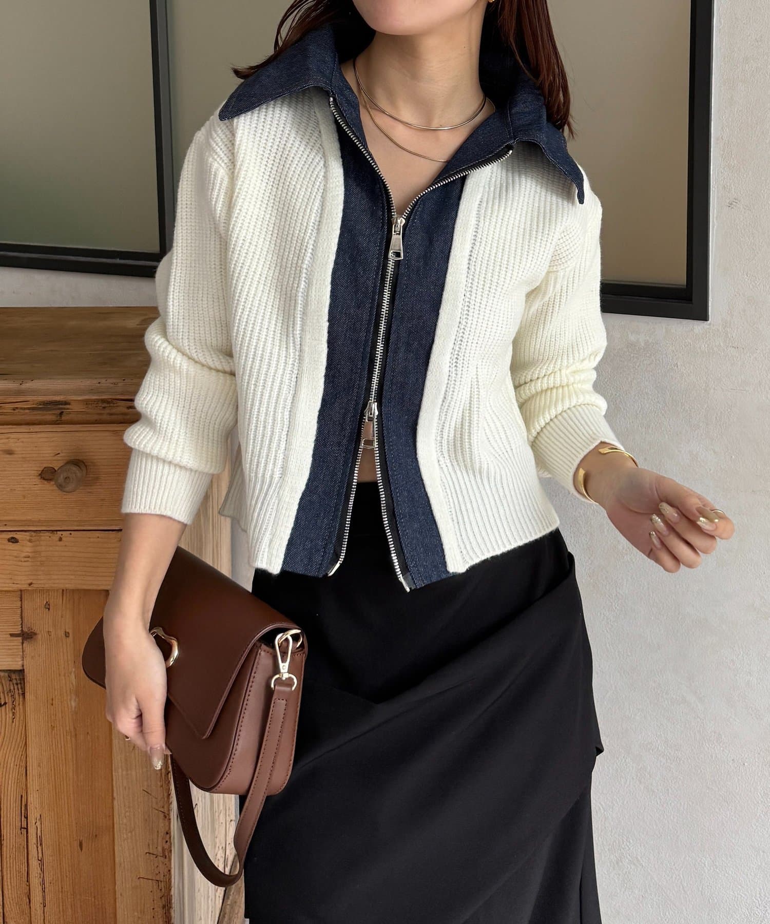 Thevon.(ゼヴォン) デニムドッキングWジップニットカーディガン