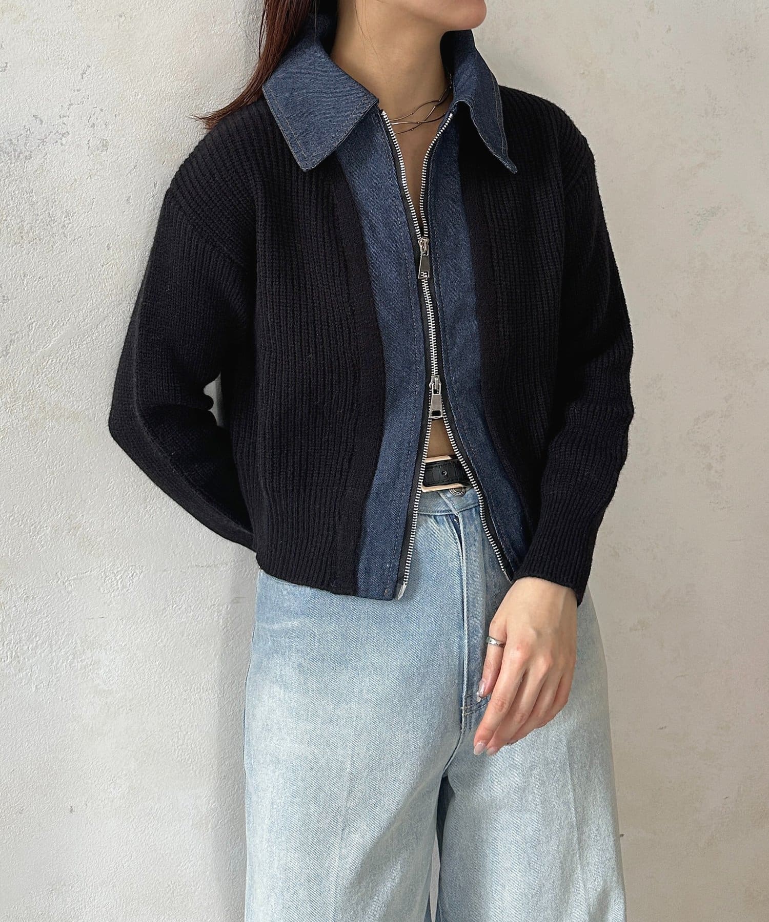 Thevon.(ゼヴォン) デニムドッキングWジップニットカーディガン