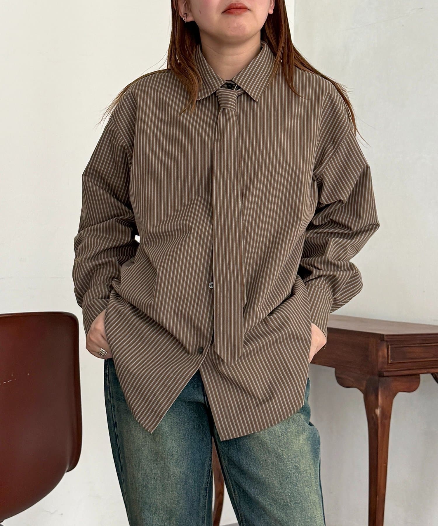 CPCM(シーピーシーエム) ストライプ柄タイ付ルーズシャツ