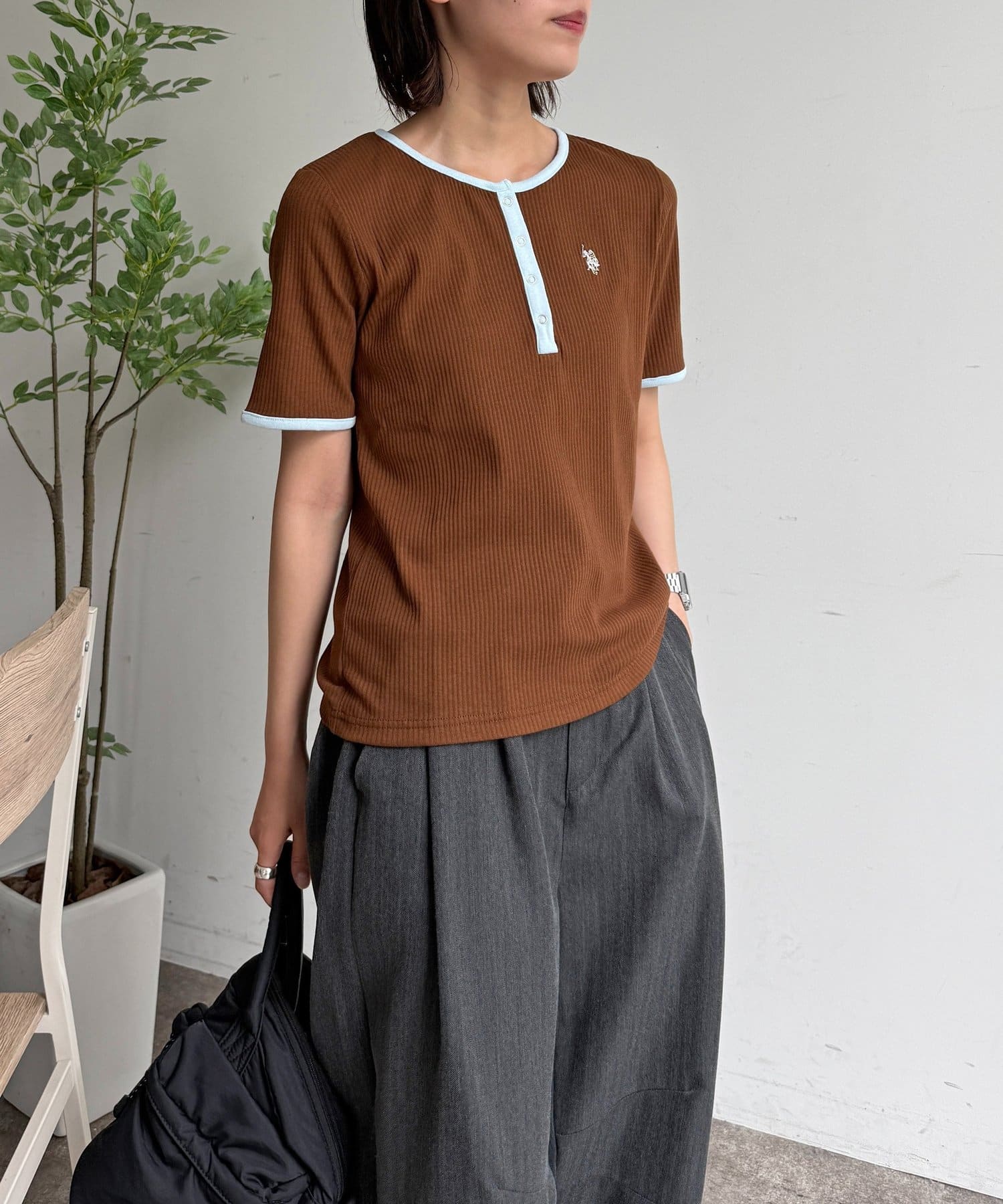 CPCM(シーピーシーエム) 【U.S. POLO ASSN. 】ヘンリーネックリブ半袖T