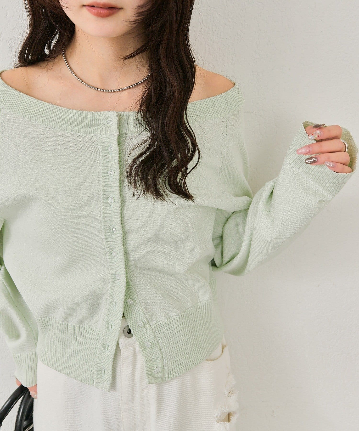 mystic(ミスティック) ワイドネッククリアボタンカーディガン