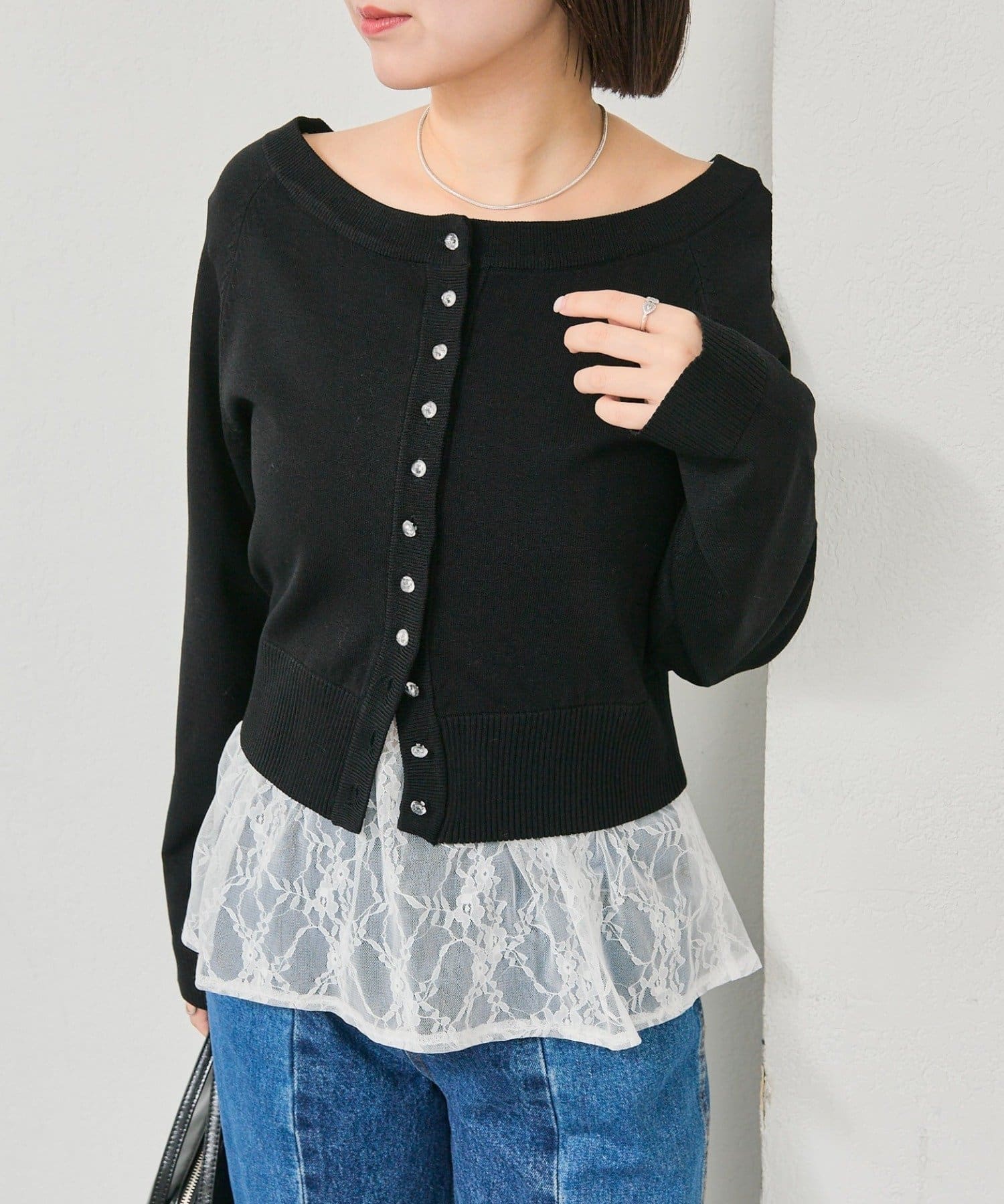 mystic(ミスティック) ワイドネッククリアボタンカーディガン