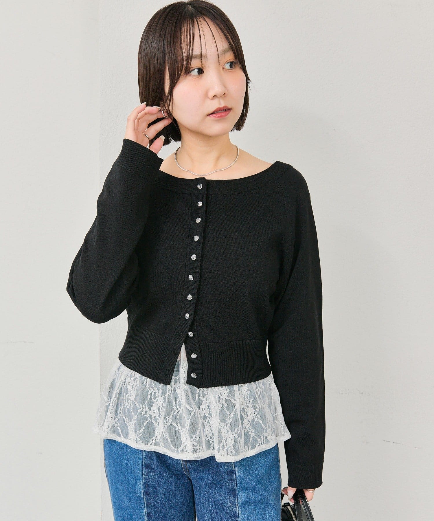 mystic(ミスティック) ワイドネッククリアボタンカーディガン