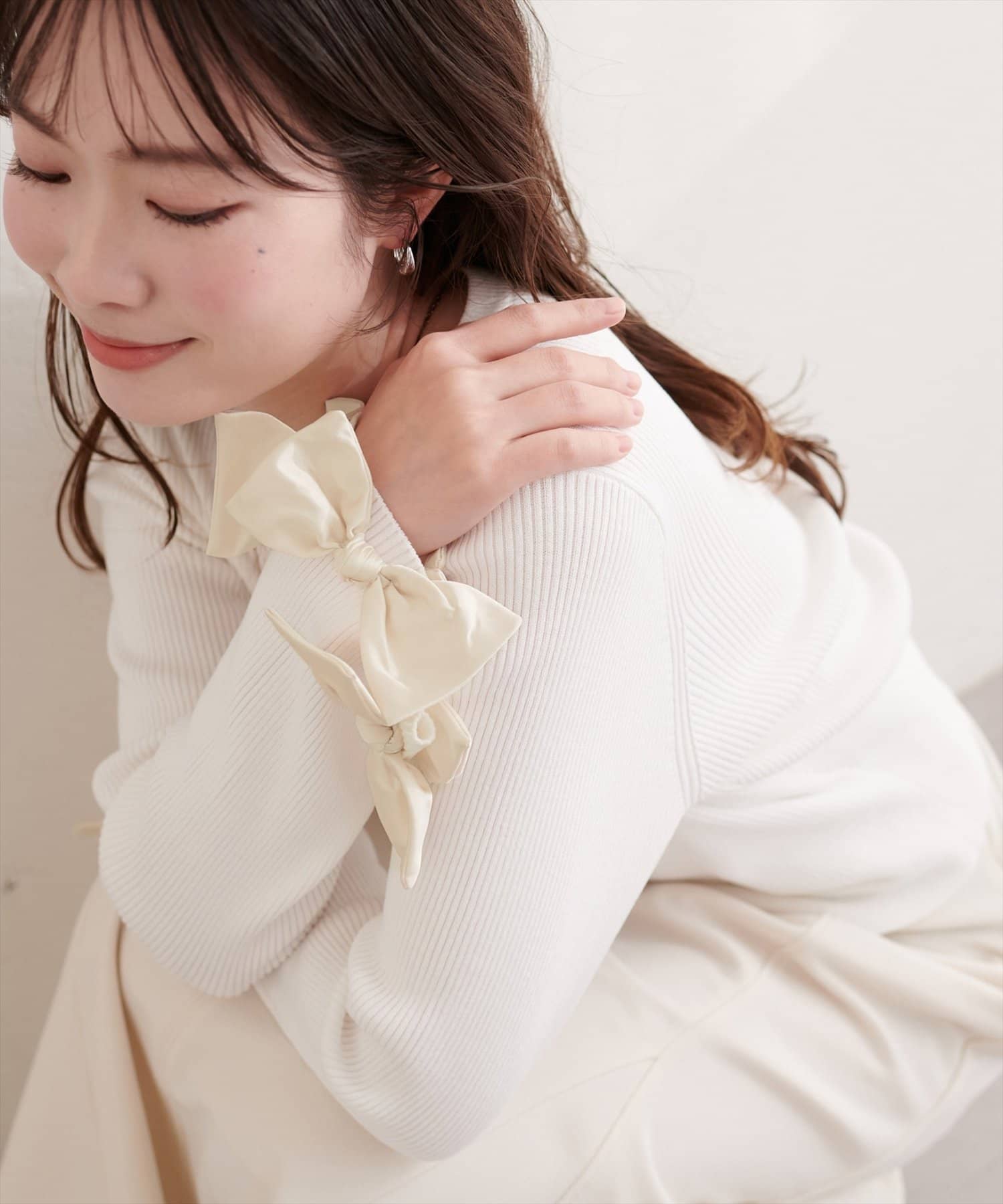 natural couture(ナチュラルクチュール) 袖口リボンリブカーデ