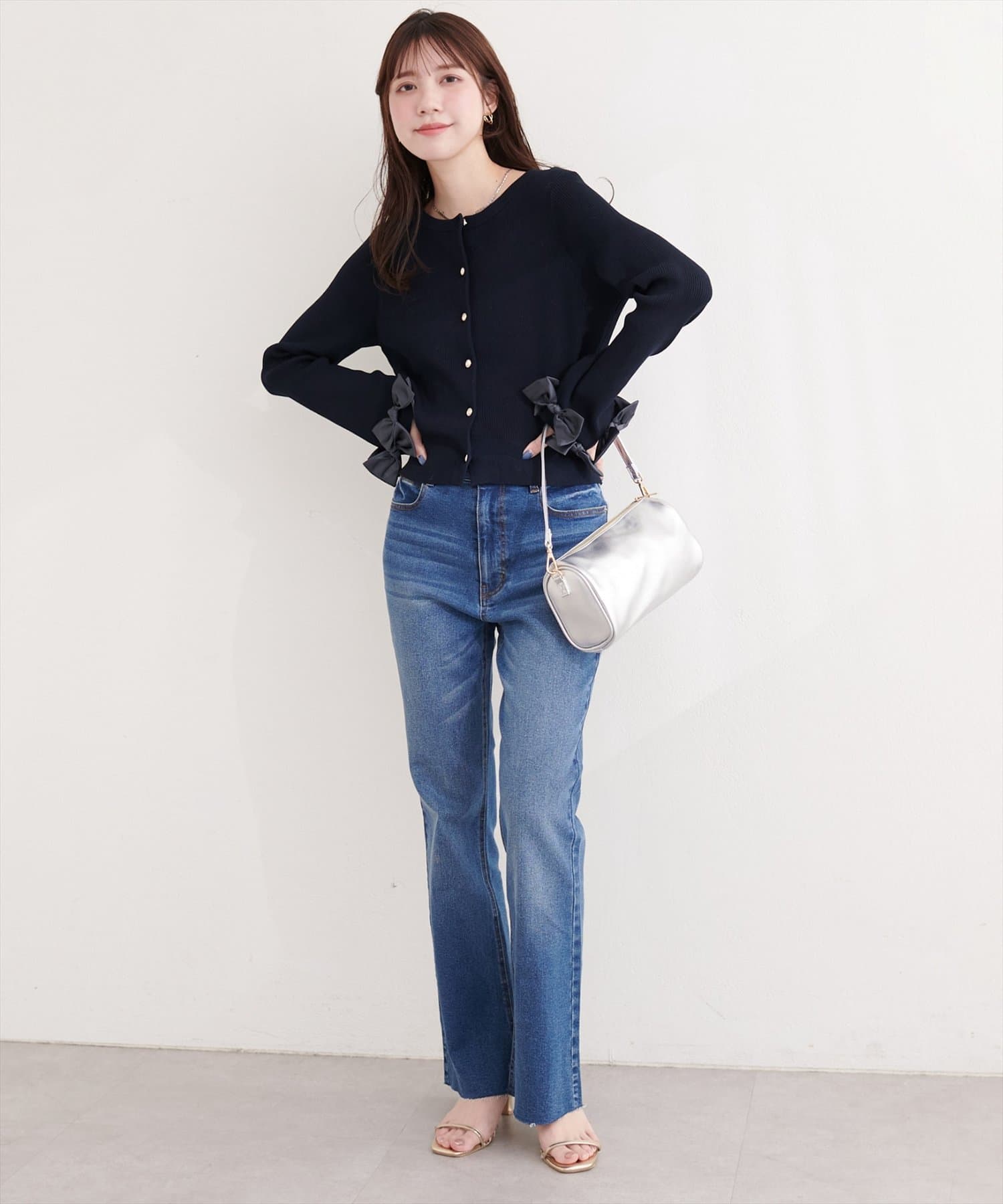 natural couture(ナチュラルクチュール) 袖口リボンリブカーデ