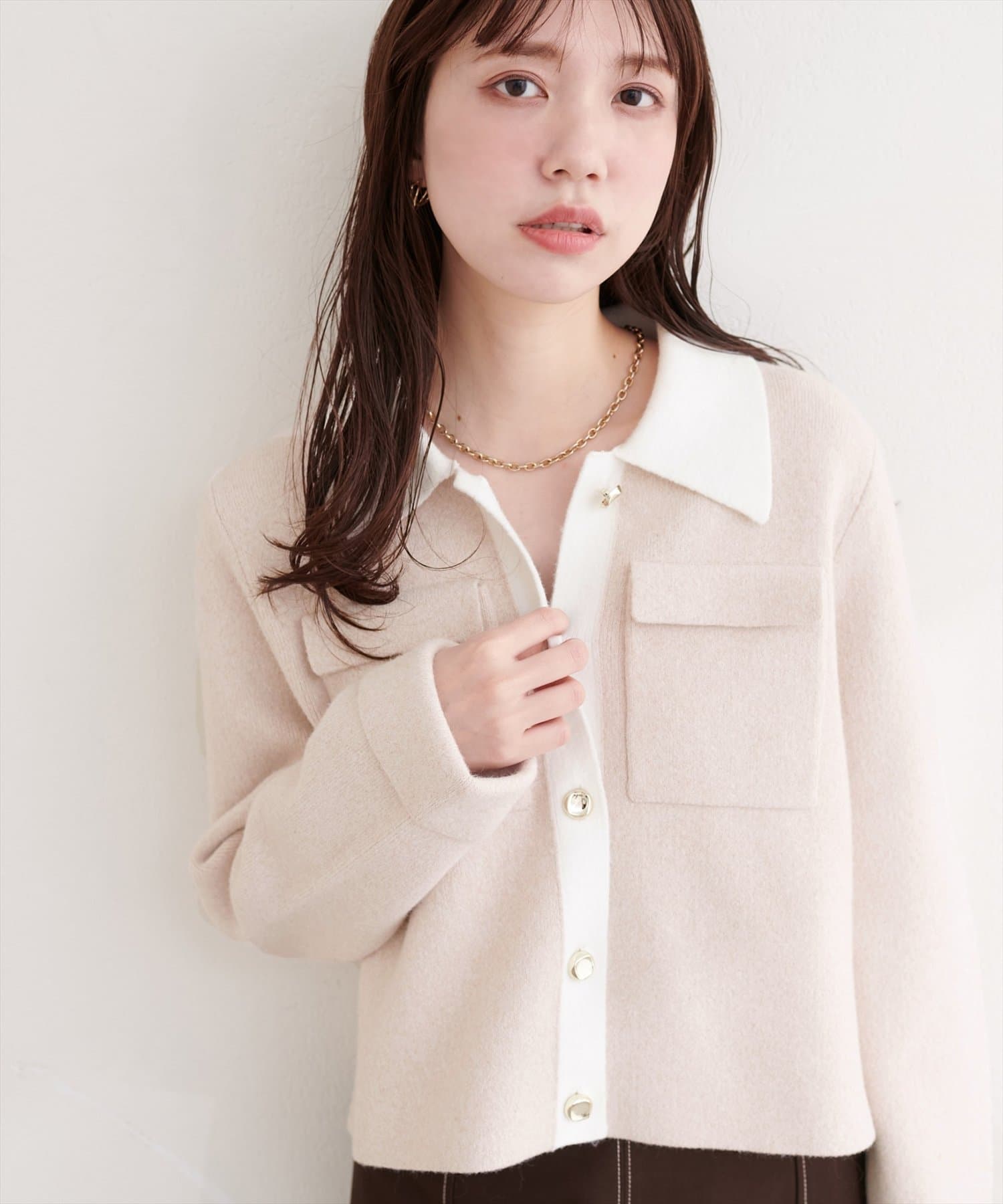 natural couture(ナチュラルクチュール) 配色衿ニット羽織