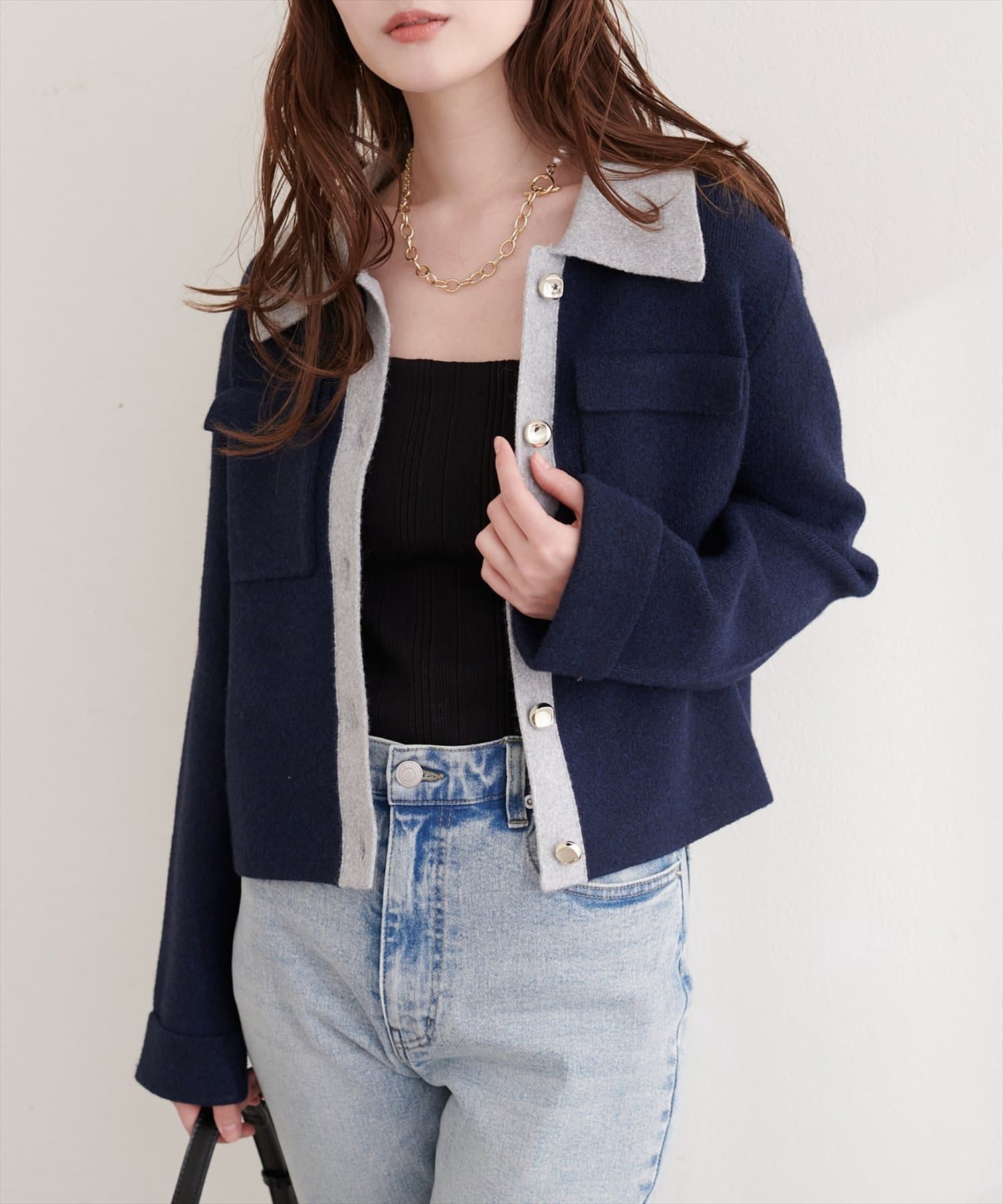 natural couture(ナチュラルクチュール) 配色衿ニット羽織