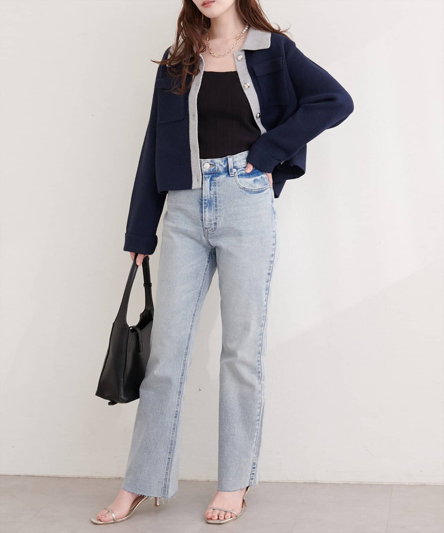 natural couture(ナチュラルクチュール) 配色衿ニット羽織