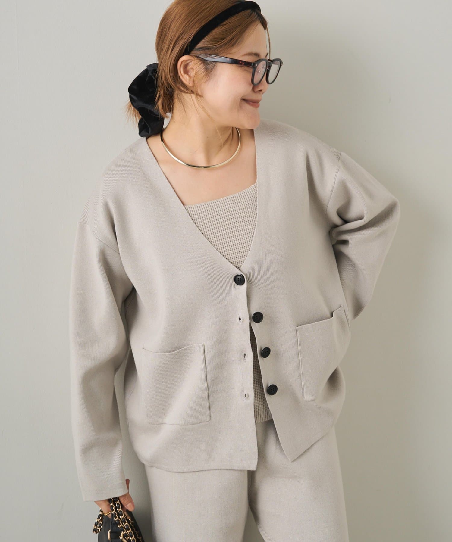 PUAL CE CIN(ピュアルセシン) 【3点セット】ワッフルスクエアタンク＆Vネックカーデ+ワイドパンツセットアップ