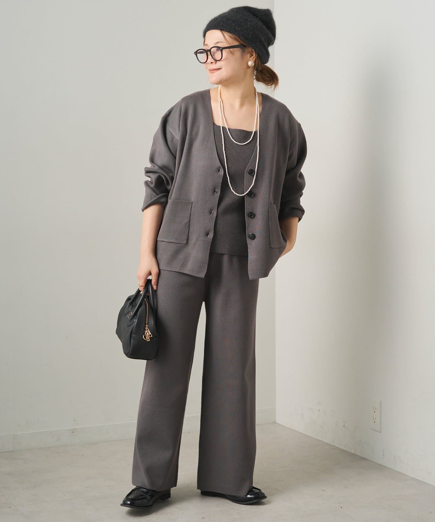 PUAL CE CIN(ピュアルセシン) 【3点セット】ワッフルスクエアタンク＆Vネックカーデ+ワイドパンツセットアップ