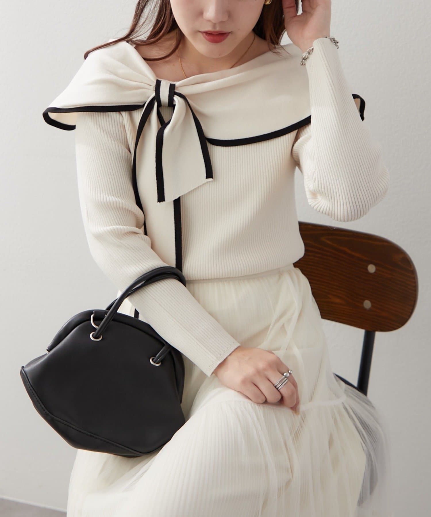 NICE CLAUP / OLIVE des OLIVE OUTLET(ナイスクラップ  / オリーブ デ オリーブ アウトレット) 【RMAF】配色オフショルリボンニット