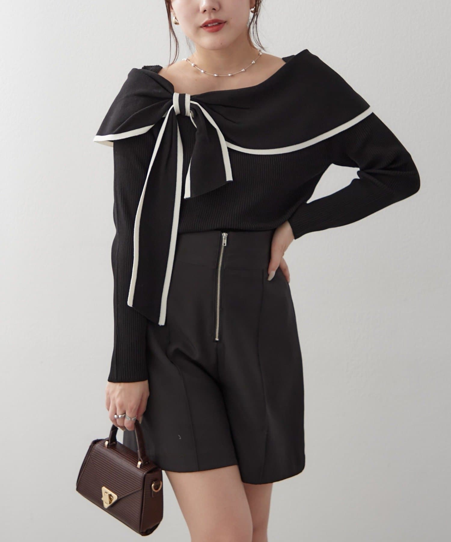 NICE CLAUP / OLIVE des OLIVE OUTLET(ナイスクラップ  / オリーブ デ オリーブ アウトレット) 【RMAF】配色オフショルリボンニット