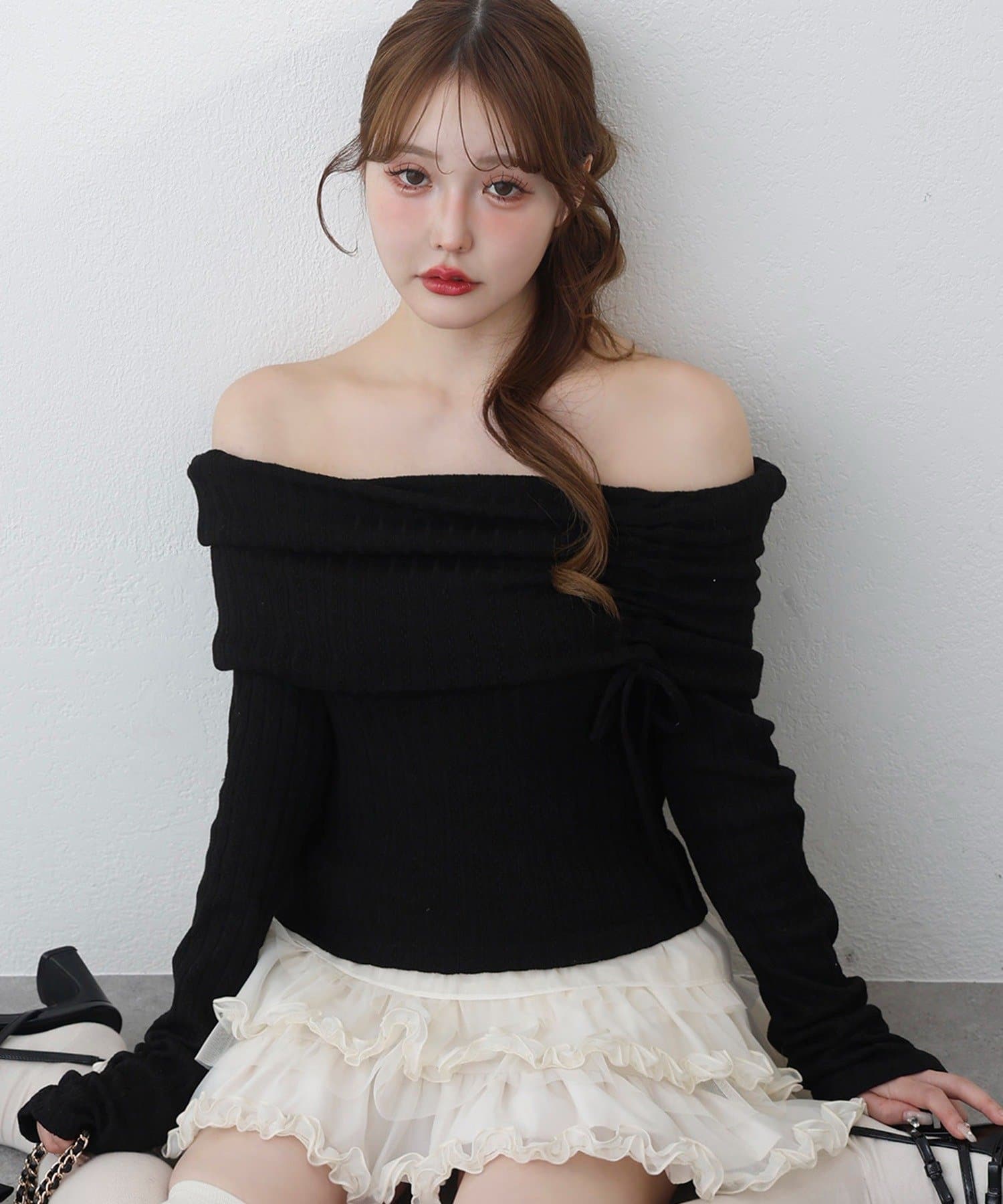 one after another NICE CLAUP(ワンアフターアナザー ナイスクラップ) ドロストリボンオフショルトップス