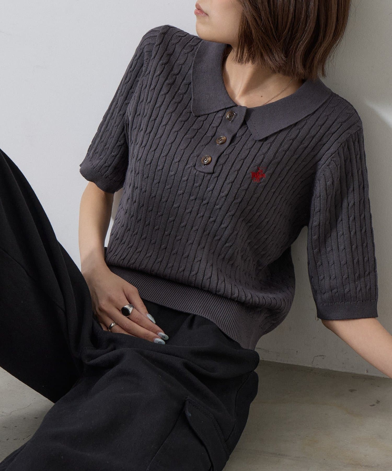 -goocy-(グーシー) 【BHPC】ケーブル半袖ポロニット