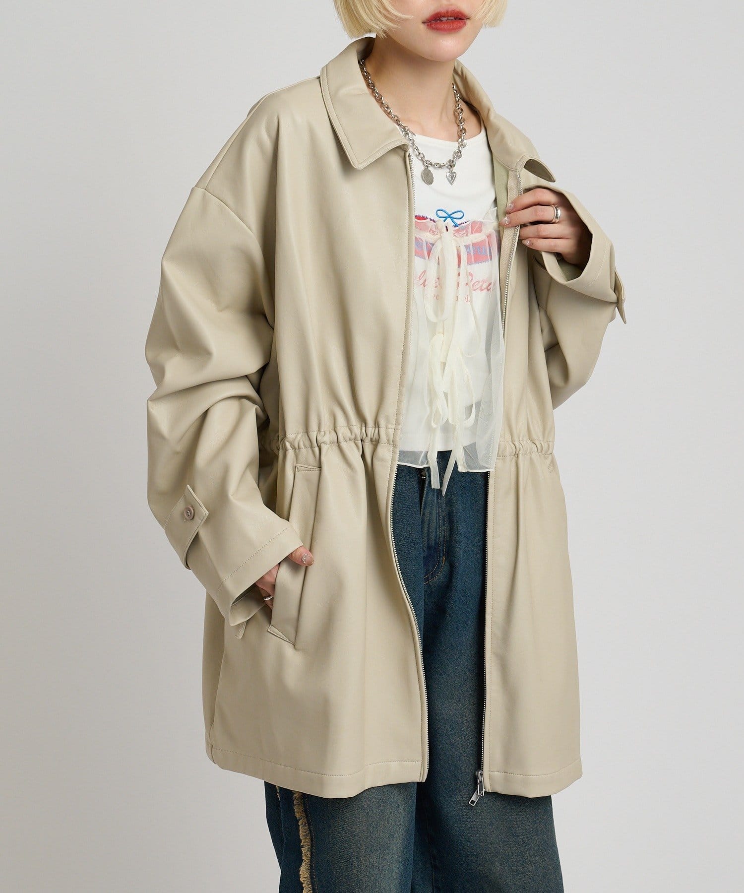 w closet(ダブルクローゼット) フリル衿付きPUレザージャケット