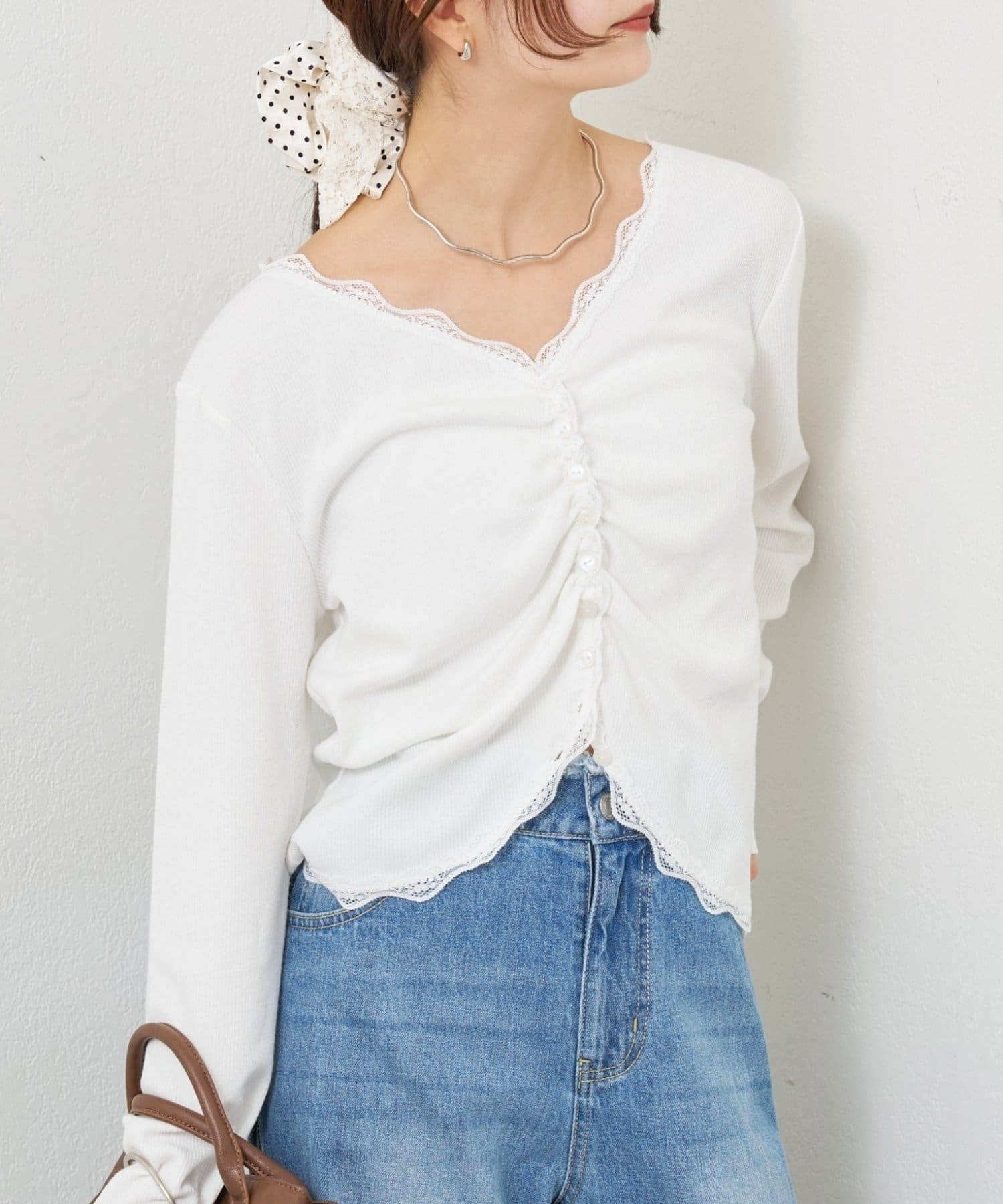 mystic(ミスティック) ギャザーレースリブカーディガン