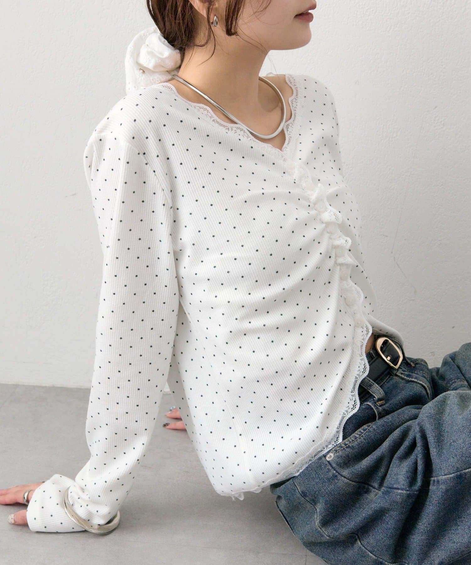 mystic(ミスティック) 《新色花柄/ドット》【店頭でも人気/追加決定！》ギャザーレースリブカーディガン