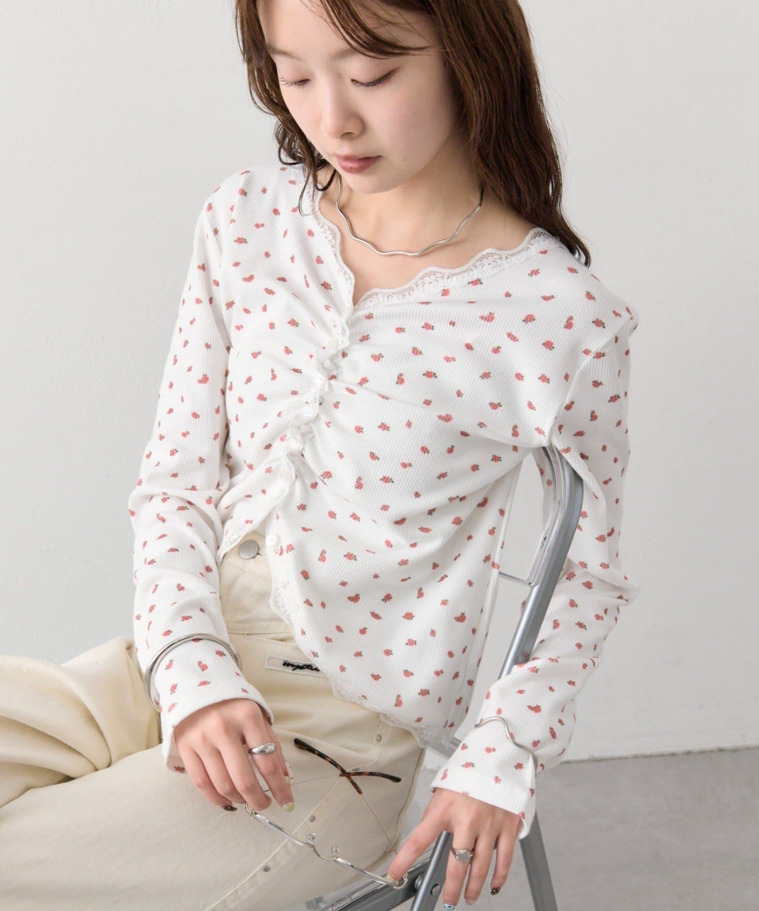 mystic(ミスティック) 《新色花柄/ドット》【店頭でも人気/追加決定！》ギャザーレースリブカーディガン