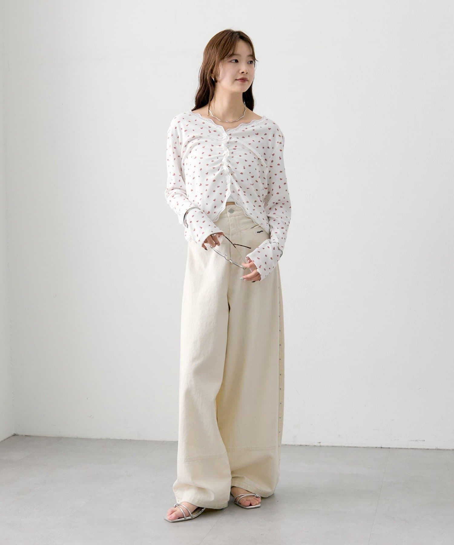 mystic(ミスティック) 《新色花柄/ドット》【店頭でも人気/追加決定！》ギャザーレースリブカーディガン