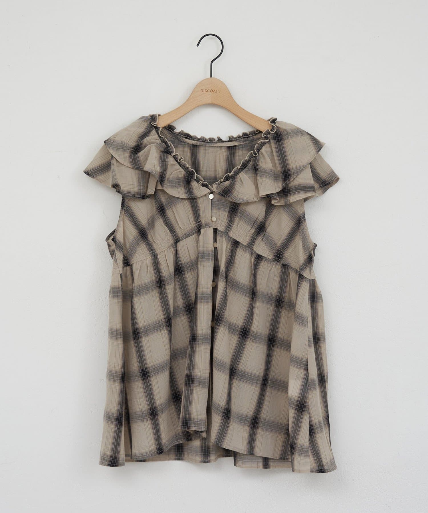 DISCOAT(ディスコート) シアーチェックノースリフリルブラウス