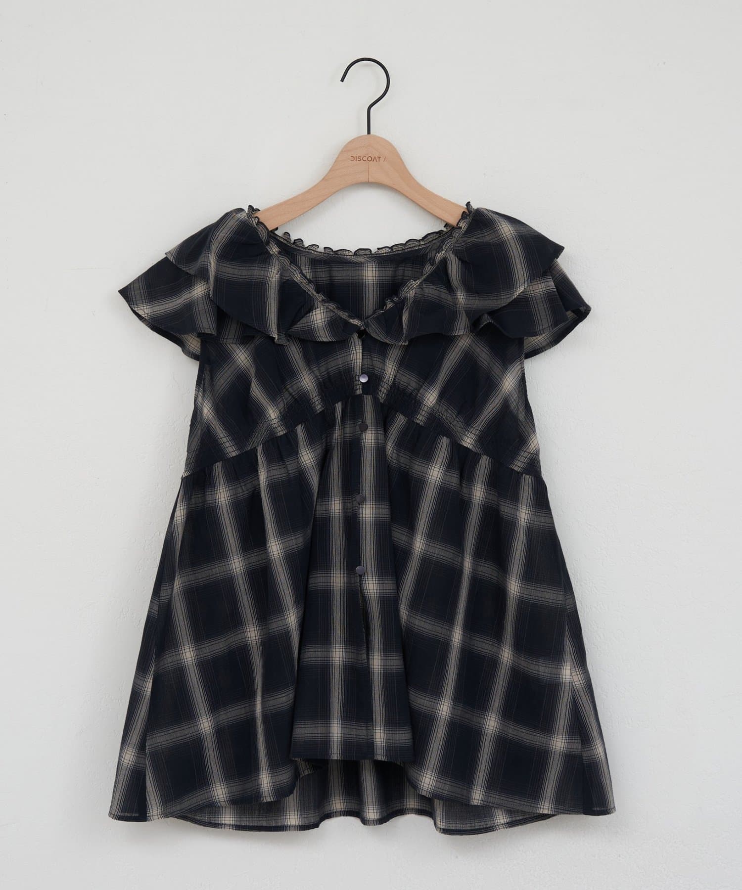 DISCOAT(ディスコート) シアーチェックノースリフリルブラウス