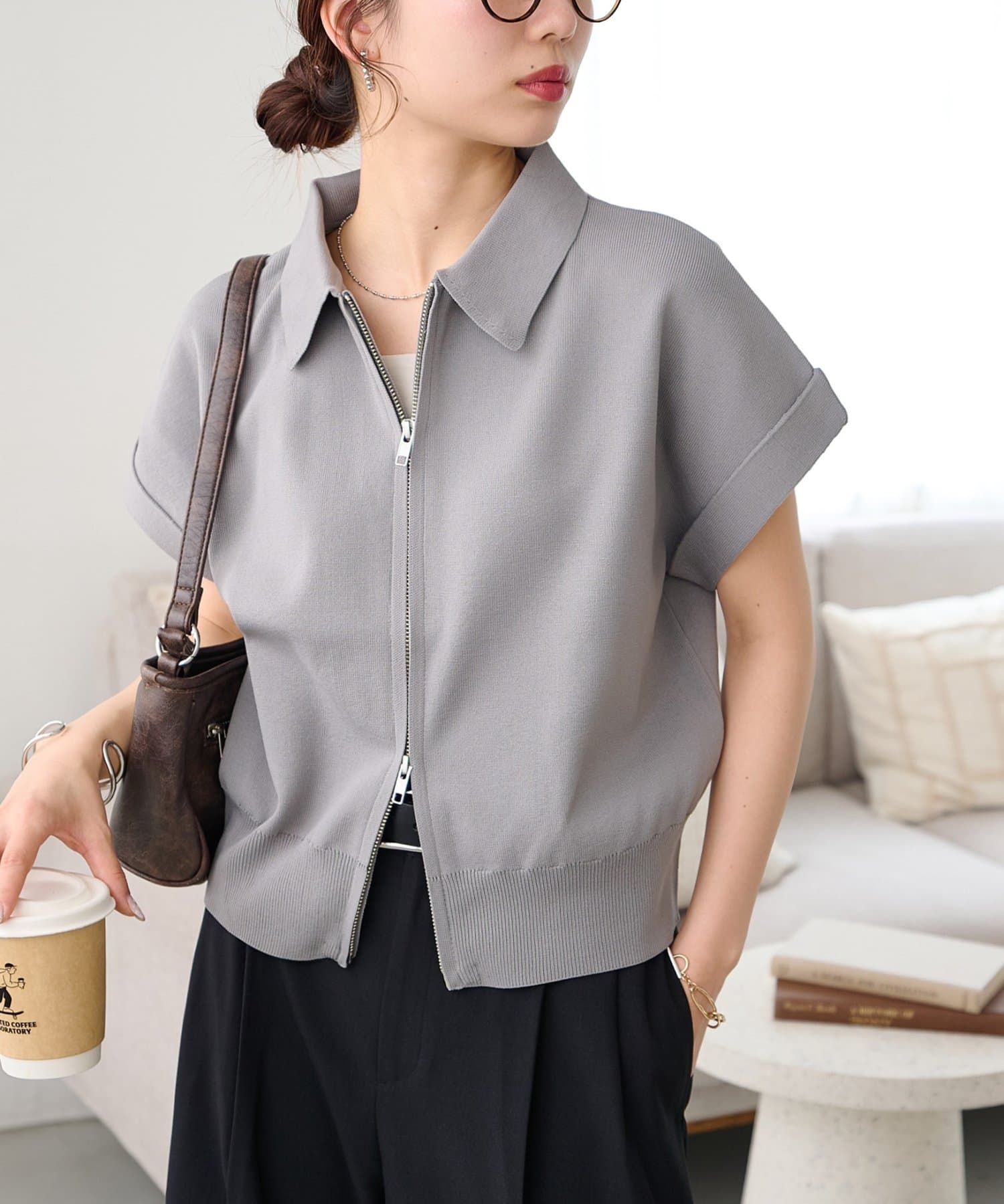 DISCOAT(ディスコート) ライトスポンディッシュ衿付Wジップ半袖カーディガン