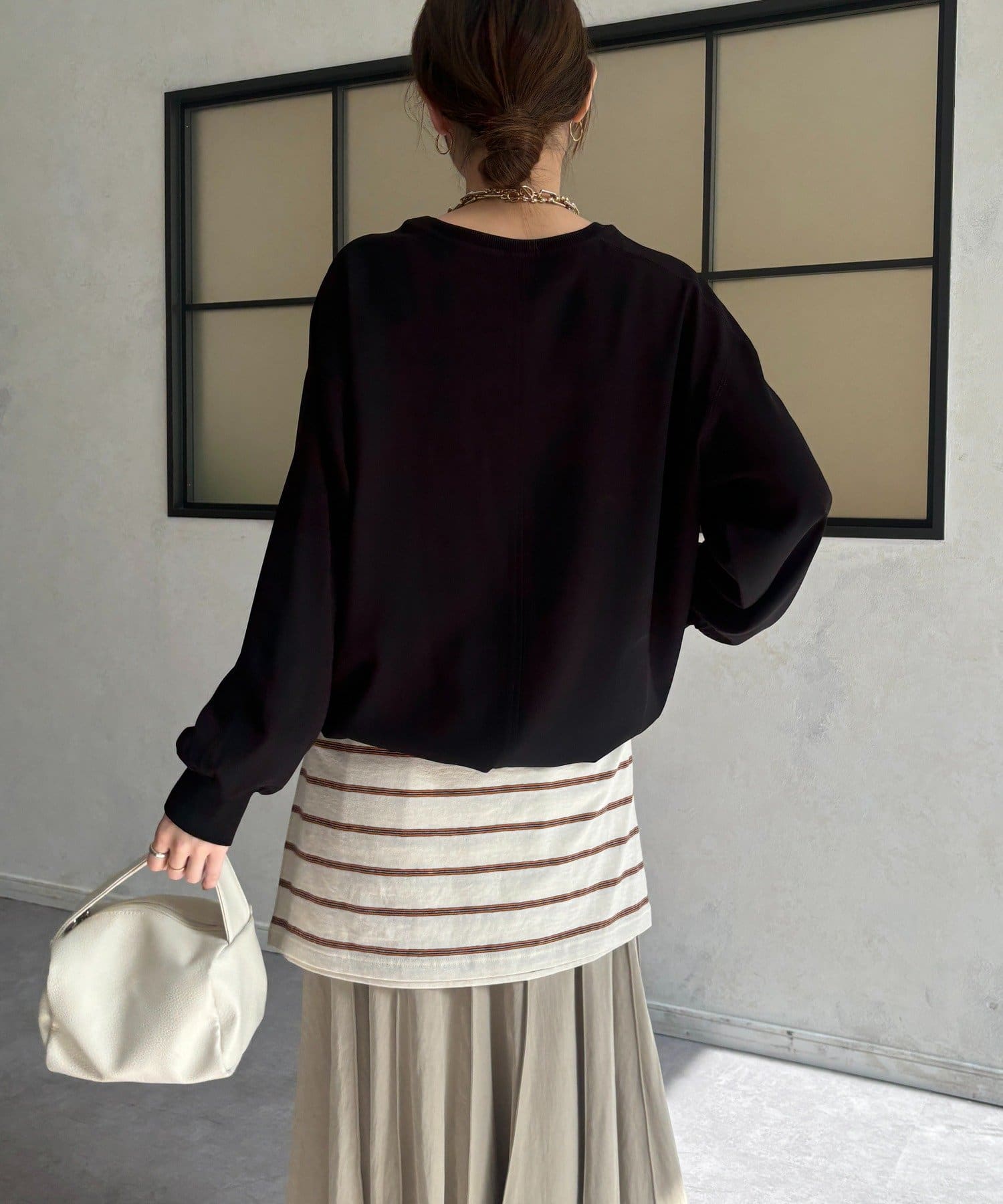 DOUDOU(ドゥドゥ) 袖ニット切替ドロストジョーゼットブラウス