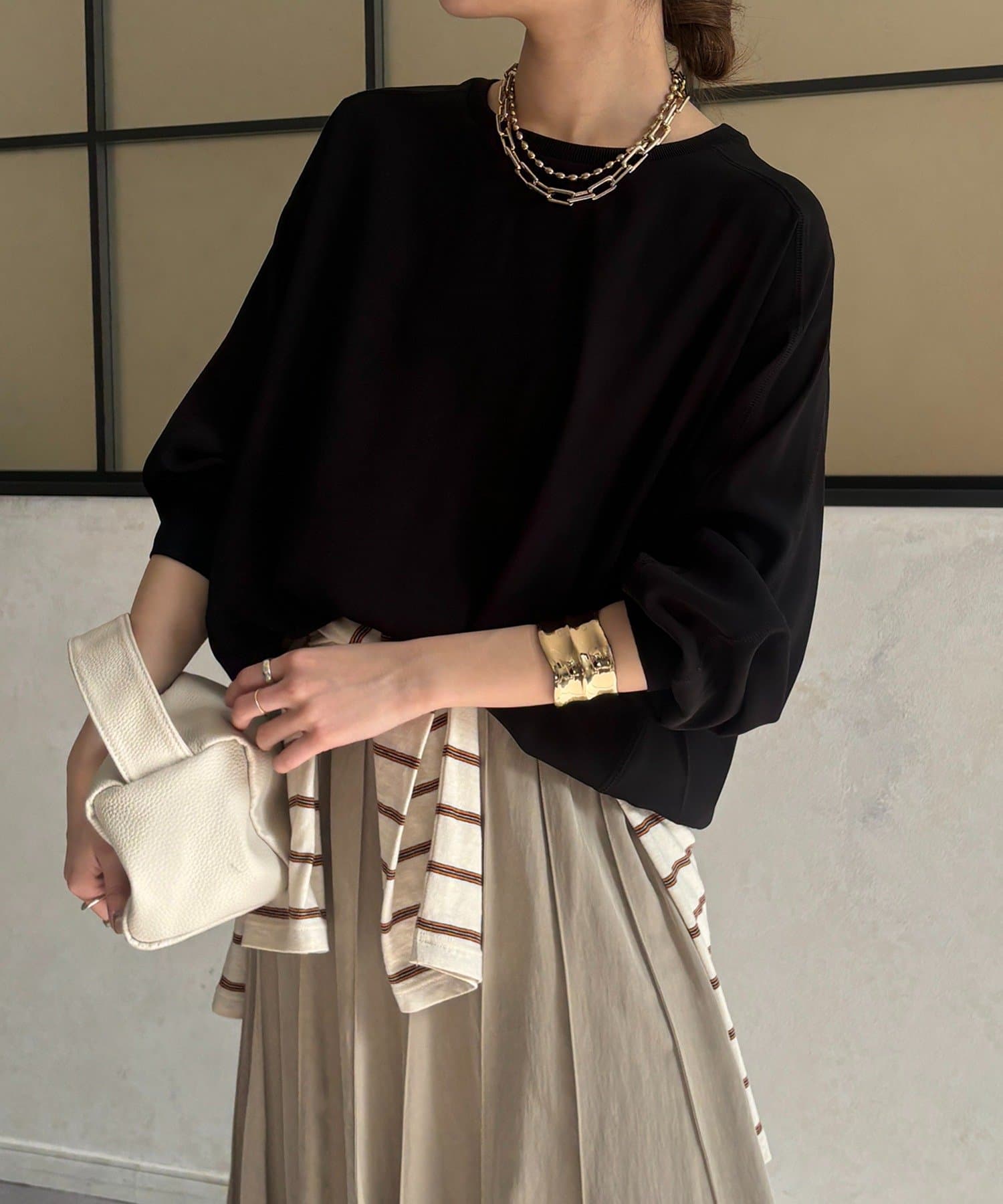 DOUDOU(ドゥドゥ) 袖ニット切替ドロストジョーゼットブラウス