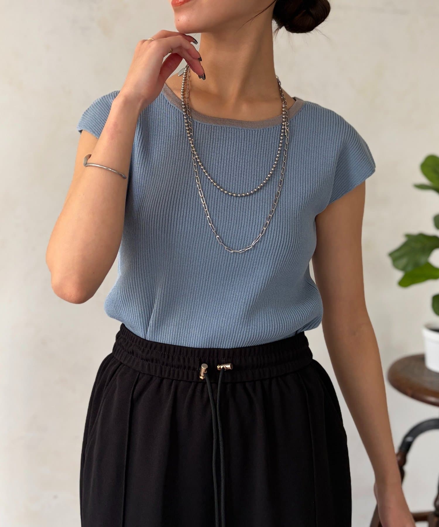 Chez toi(シェトワ) 配色フレンチスリーブニット