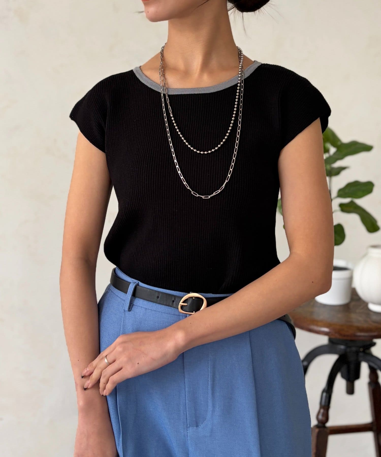 Chez toi(シェトワ) 配色フレンチスリーブニット