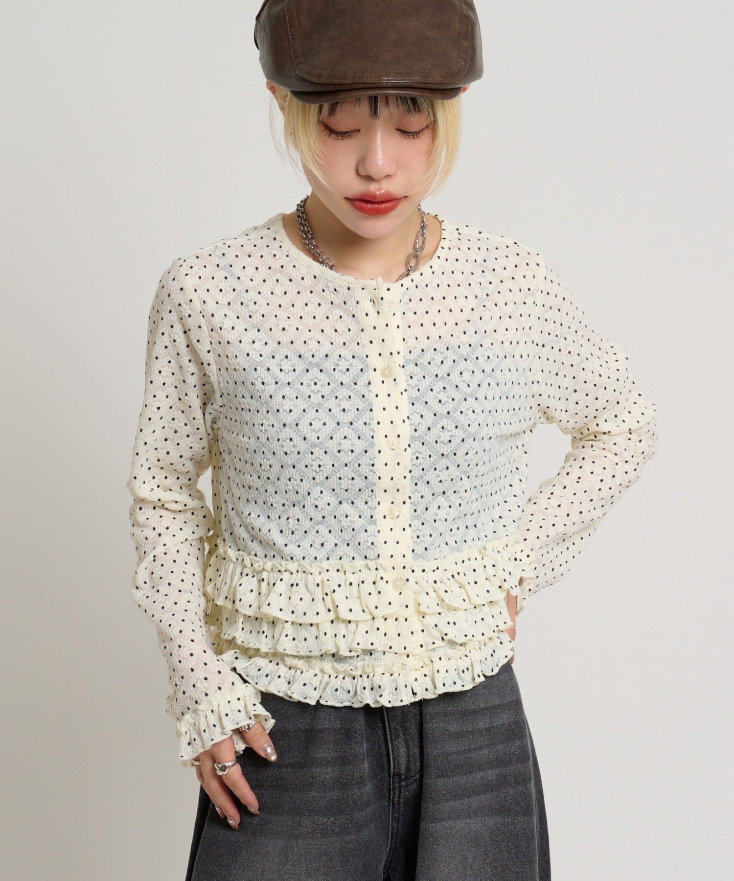 w closet(ダブルクローゼット) ドットレースフリルカーディガン