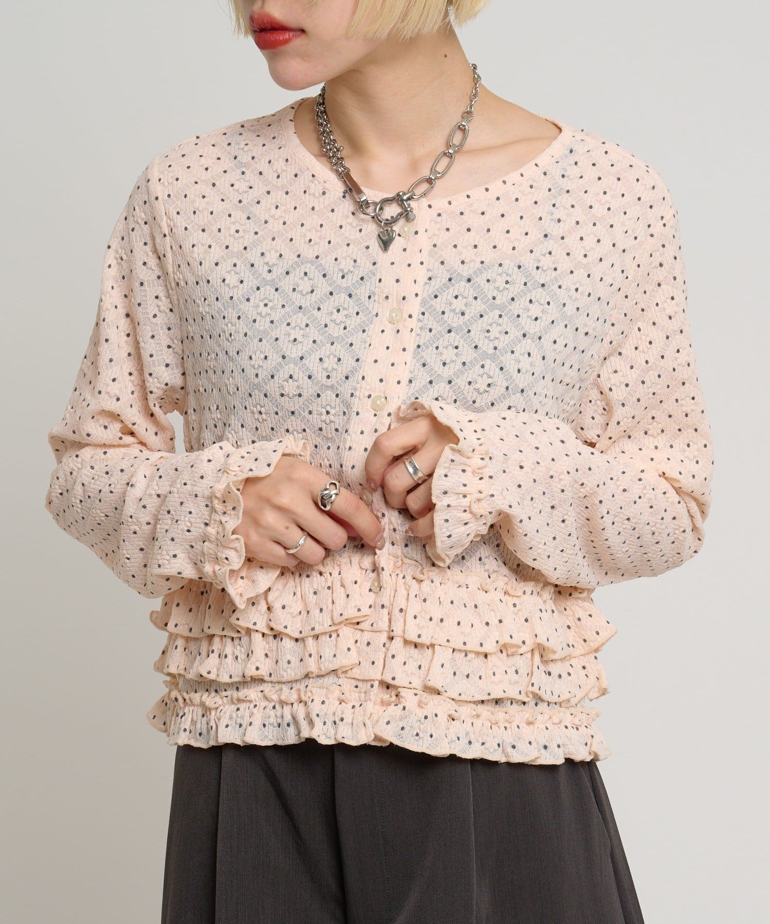 w closet(ダブルクローゼット) ドットレースフリルカーディガン