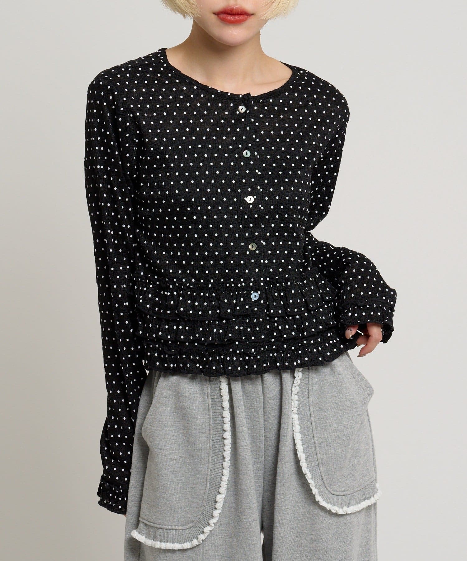 w closet(ダブルクローゼット) ドットレースフリルカーディガン