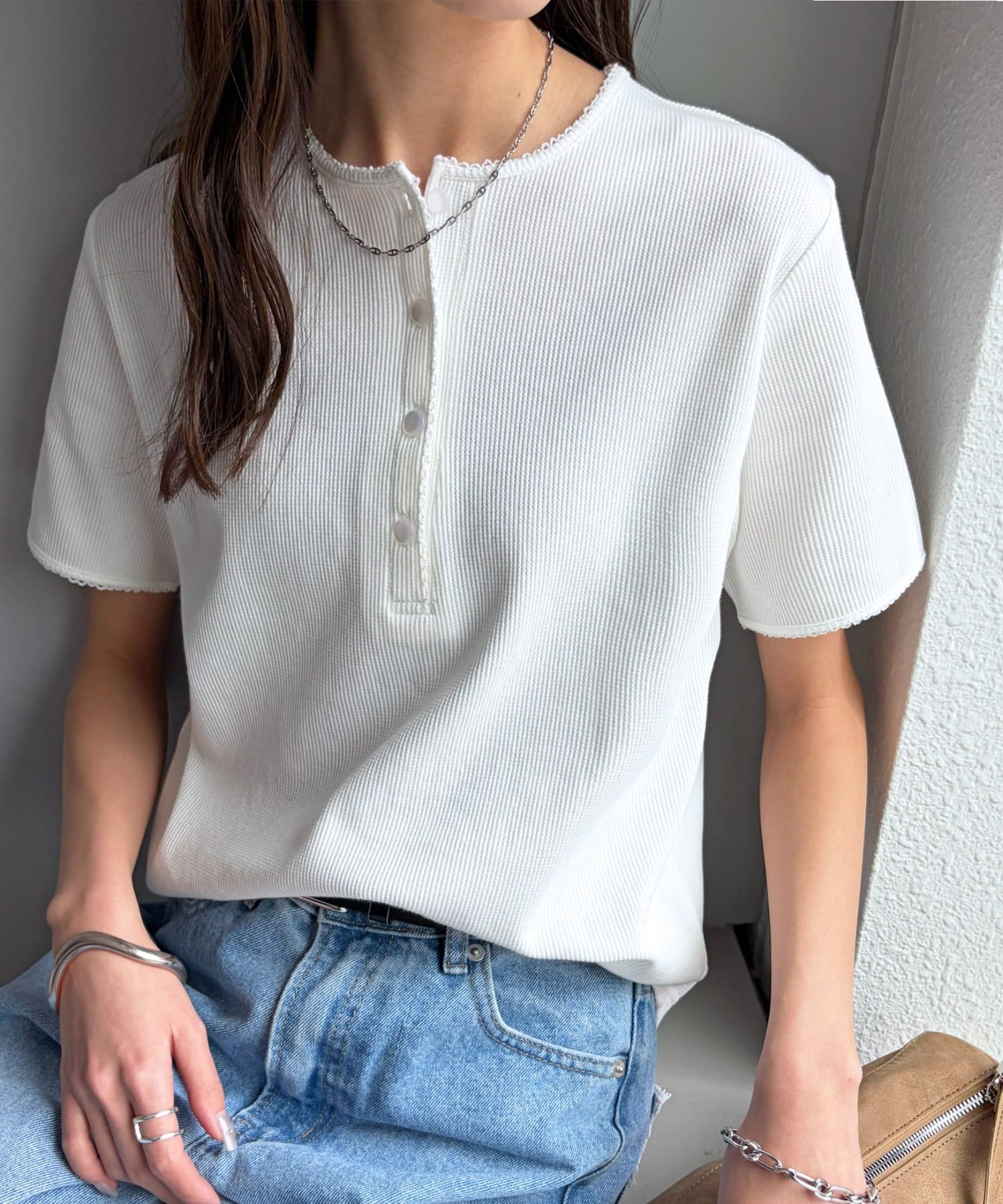 DISCOAT(ディスコート) 【WEB限定】ピコレース付ワッフルTシャツ