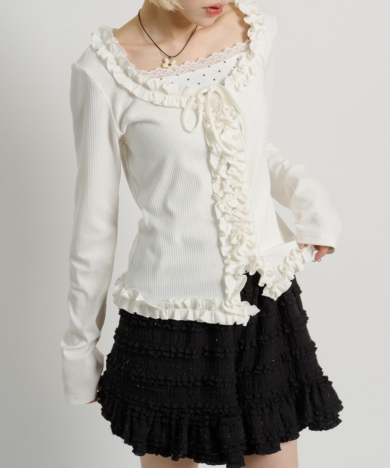 w closet(ダブルクローゼット) ドットレイヤードフリルカーディガン