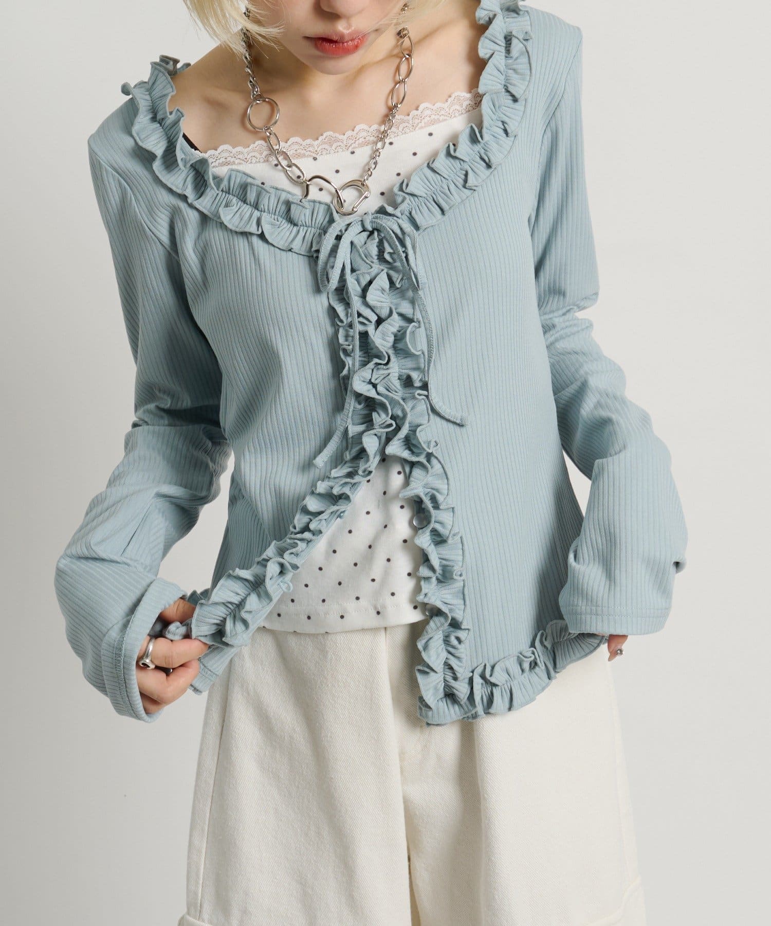 w closet(ダブルクローゼット) ドットレイヤードフリルカーディガン