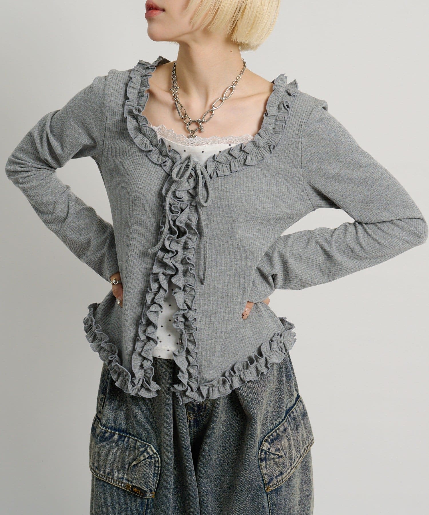 w closet(ダブルクローゼット) ドットレイヤードフリルカーディガン