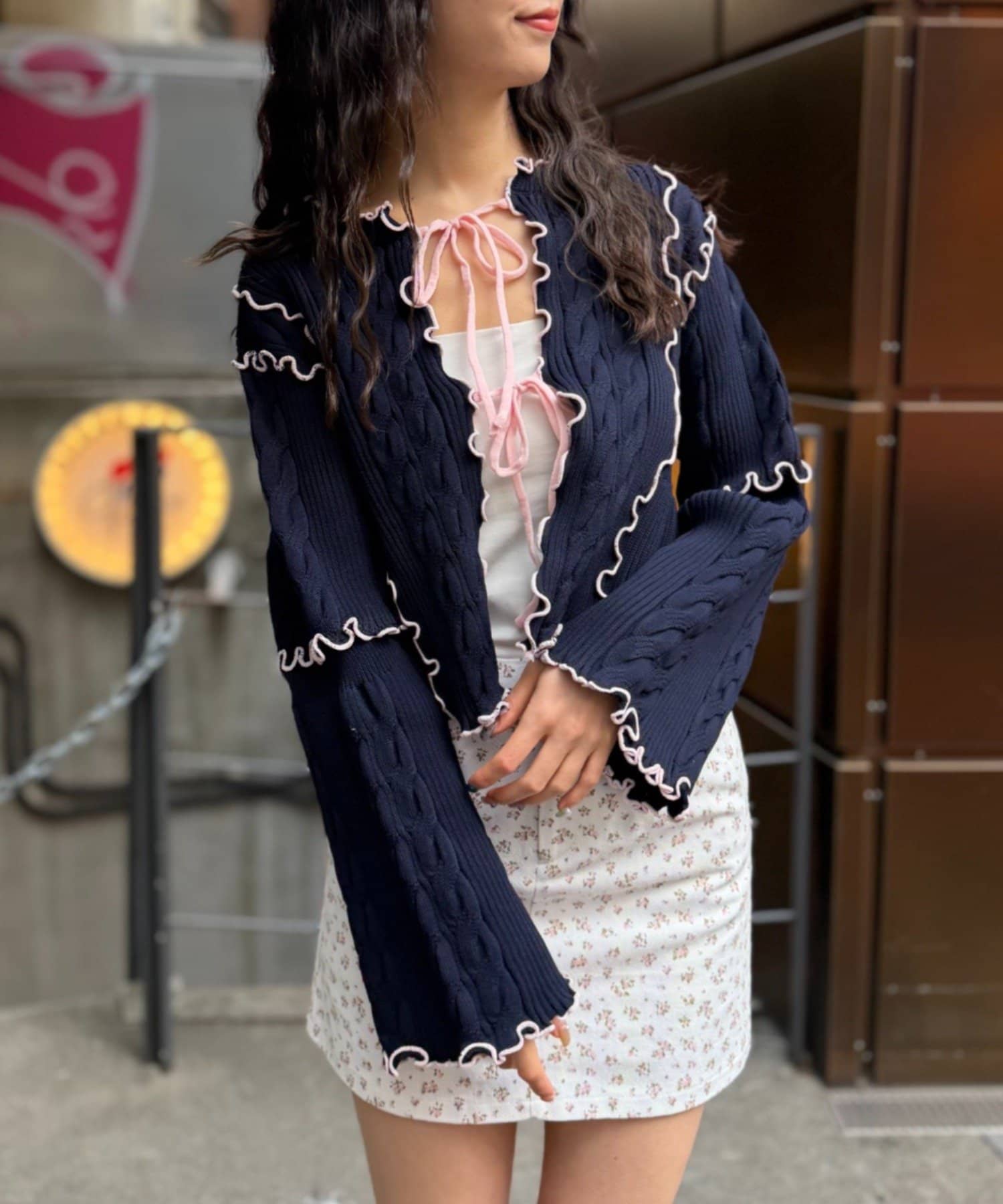 w closet(ダブルクローゼット) 【春素材で登場！】配色メロウケーブルカーディガン