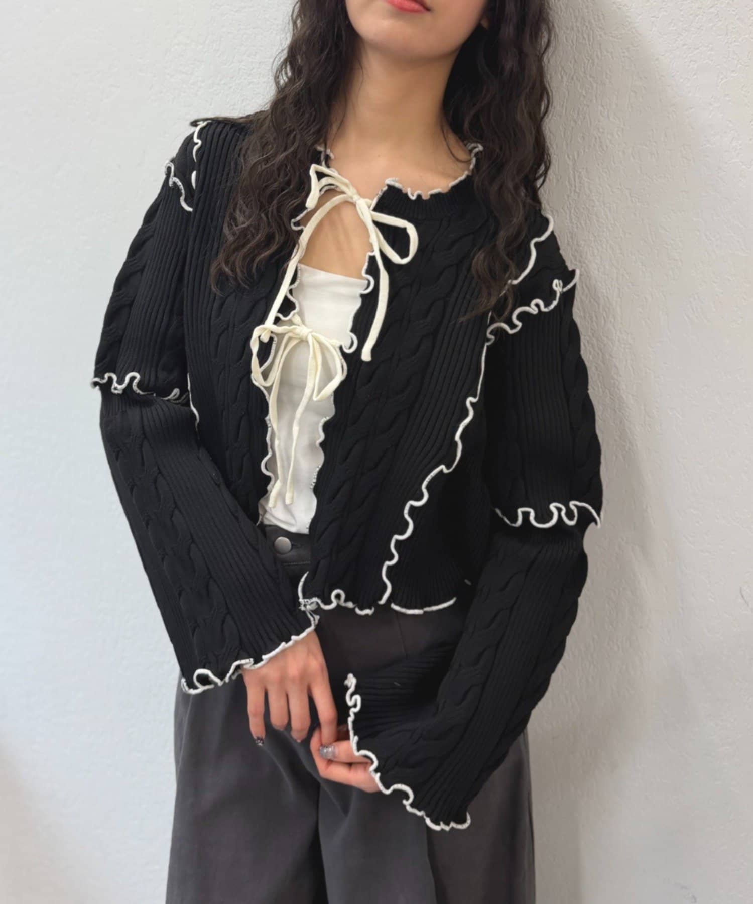 w closet(ダブルクローゼット) 【春素材で登場！】配色メロウケーブルカーディガン