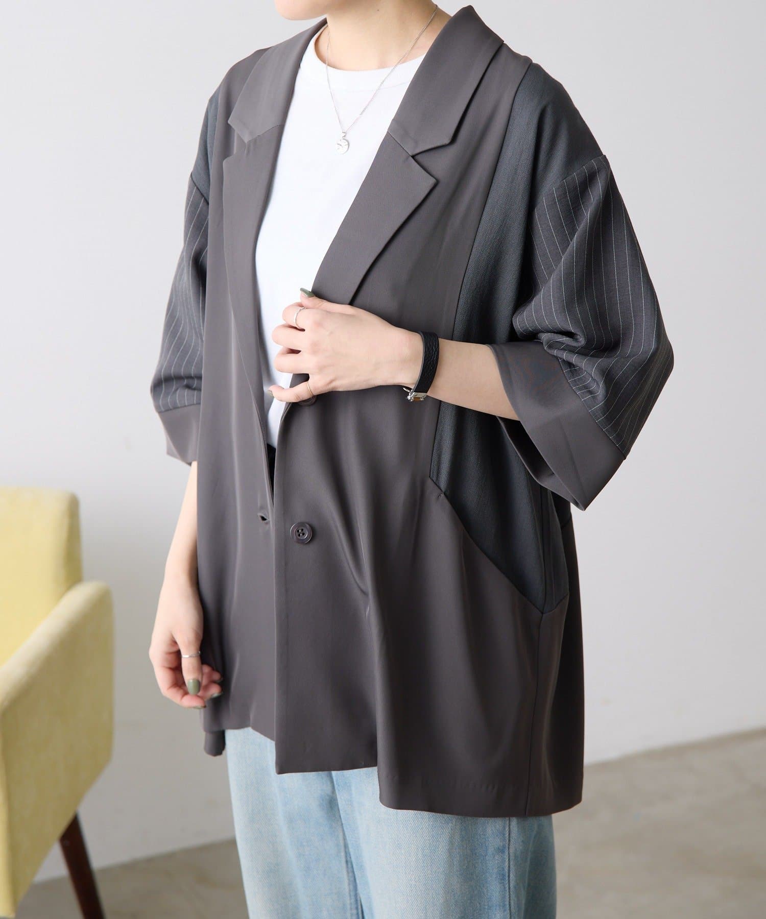 ear PAPILLONNER(イア パピヨネ) 《二の腕＆ヒップカバー/WEB限定カラーあり》切替半袖ジャケット【SUM1 STYLE(スミスタイル)】